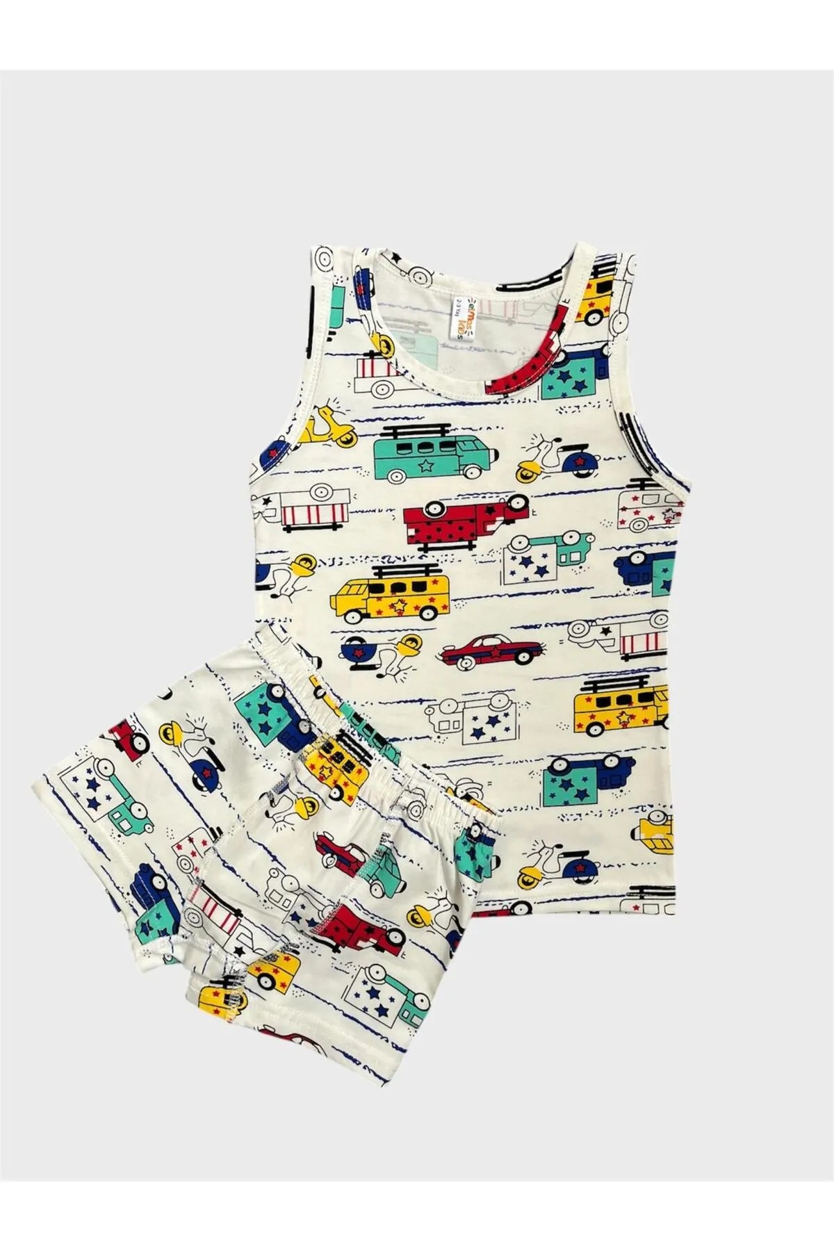 MinyKids Beyaz Araba Desen Erkek Çocuk Atlet Boxer Takım