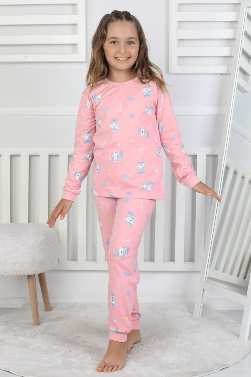 MinyKids Unicorn Desen %100 Pamuklu Pembe Kız Çocuk Pijama Takım