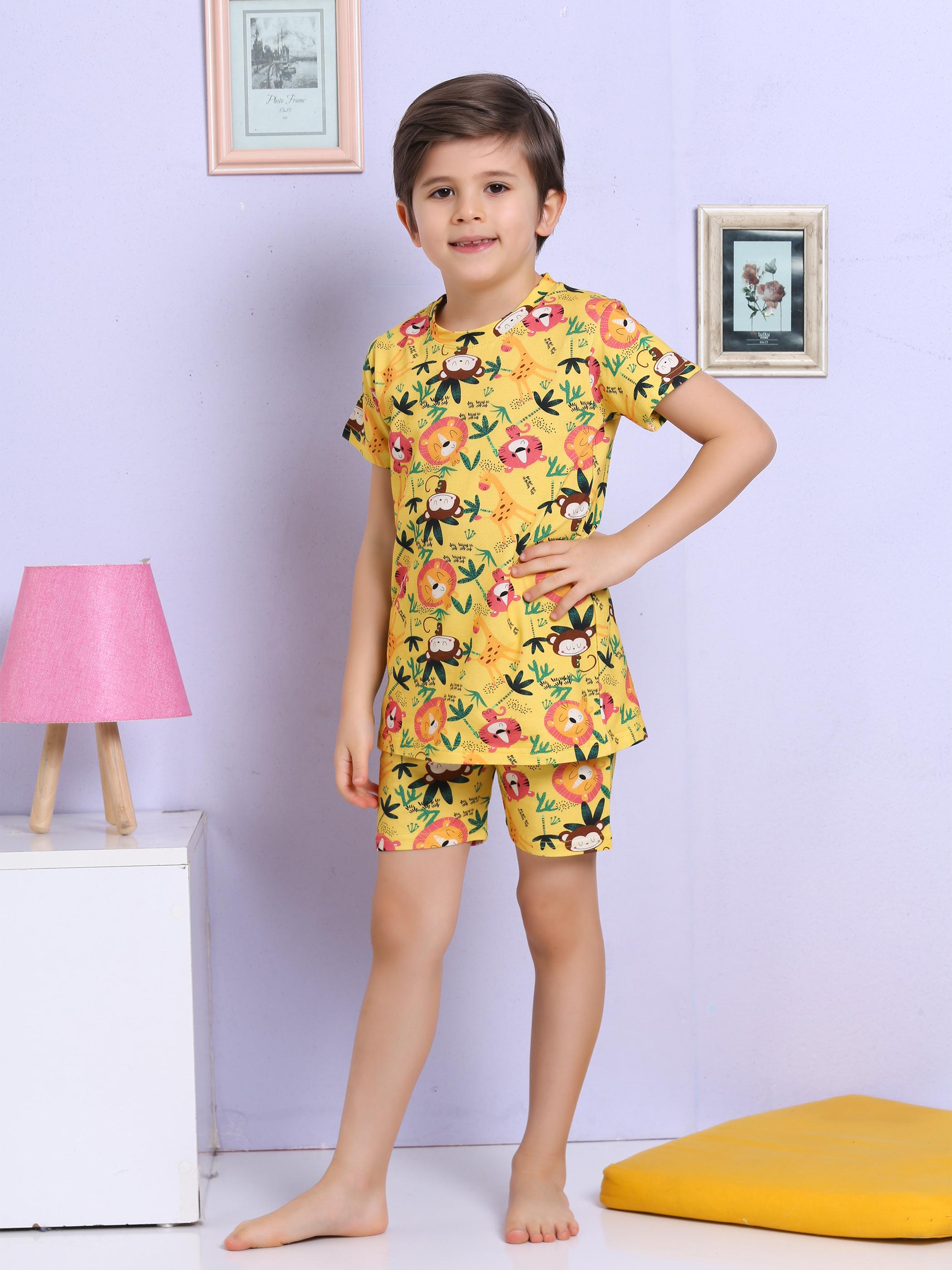 MinyKids Hayvan Desenli Sarı Şortlu Pijama Takımı