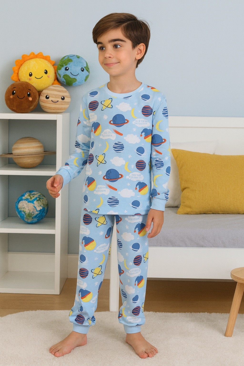 MinyKids Gezegen Desen %100 Pamuk Mavi Erkek Çocuk Pijama Takım
