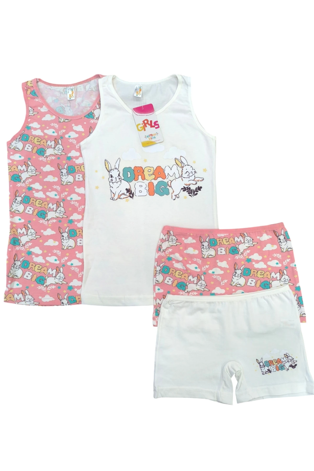 Tavşan Desen Beyaz-Pembe Kız Çocuk 2 li Atlet ve 2 li Boxer Takım