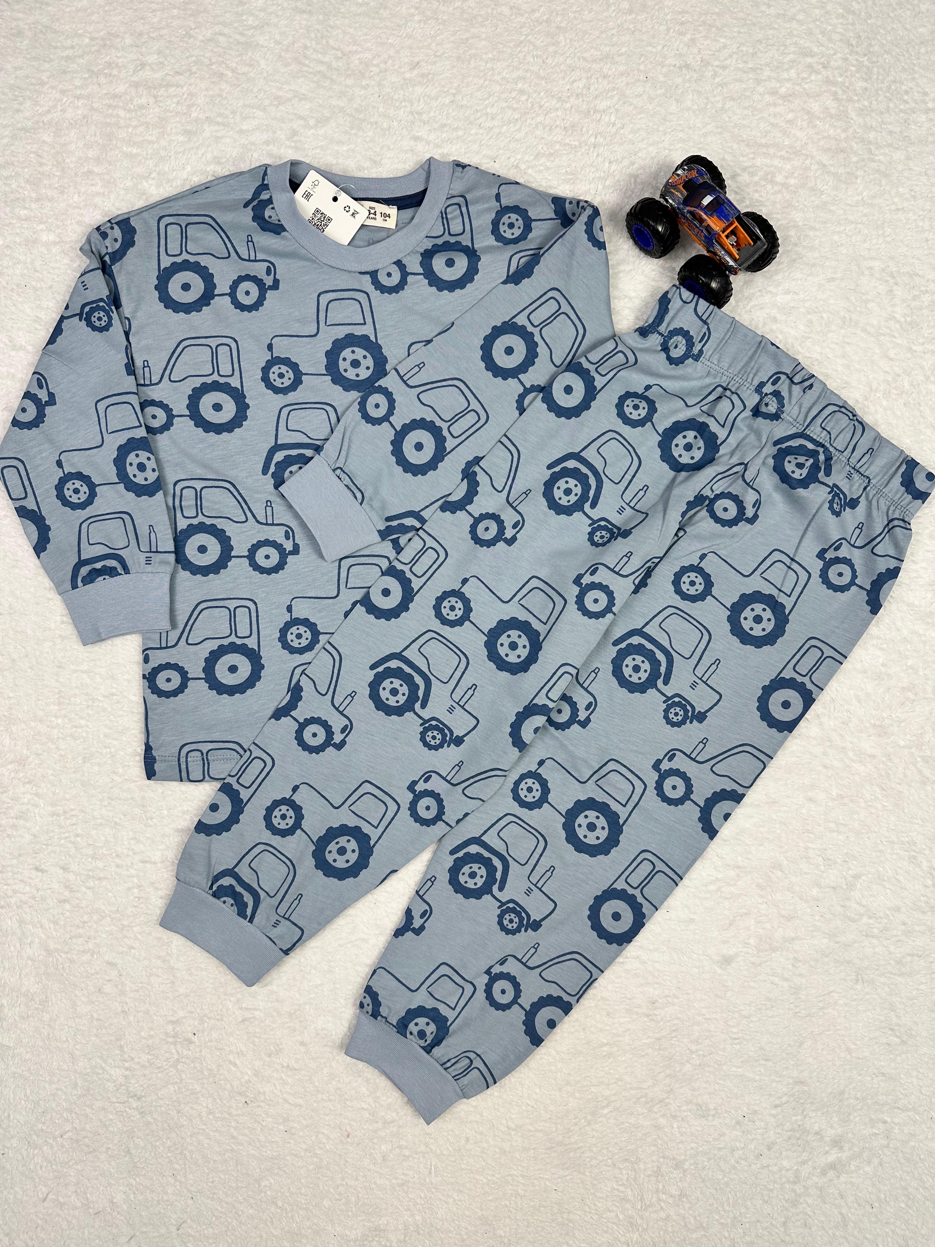 MinyKids Traktör Desen Mavi Erkek Çocuk Pijama Takım