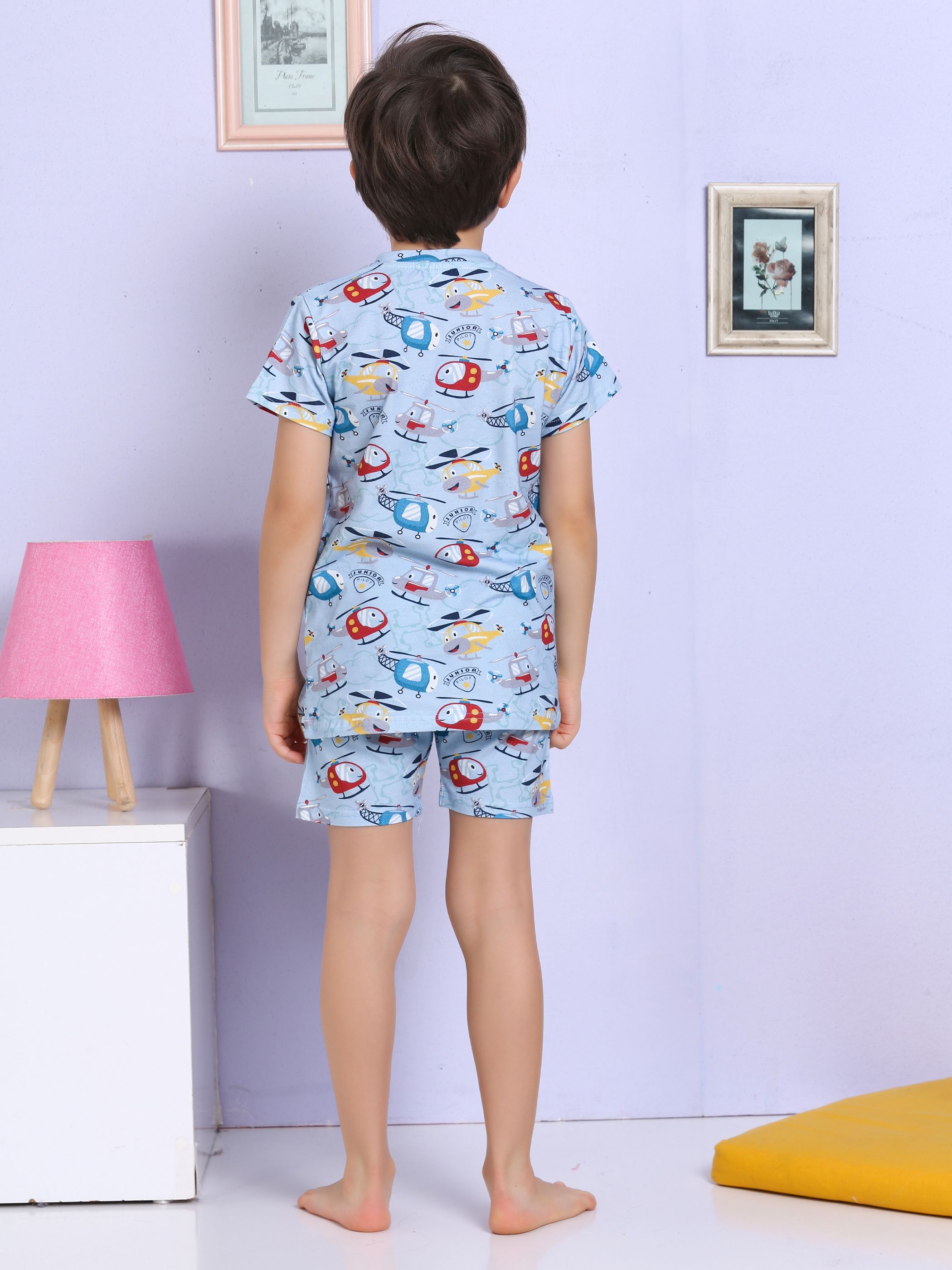 MinyKids Helikopter Desenli Şortlu Mavi Pijama Takımı