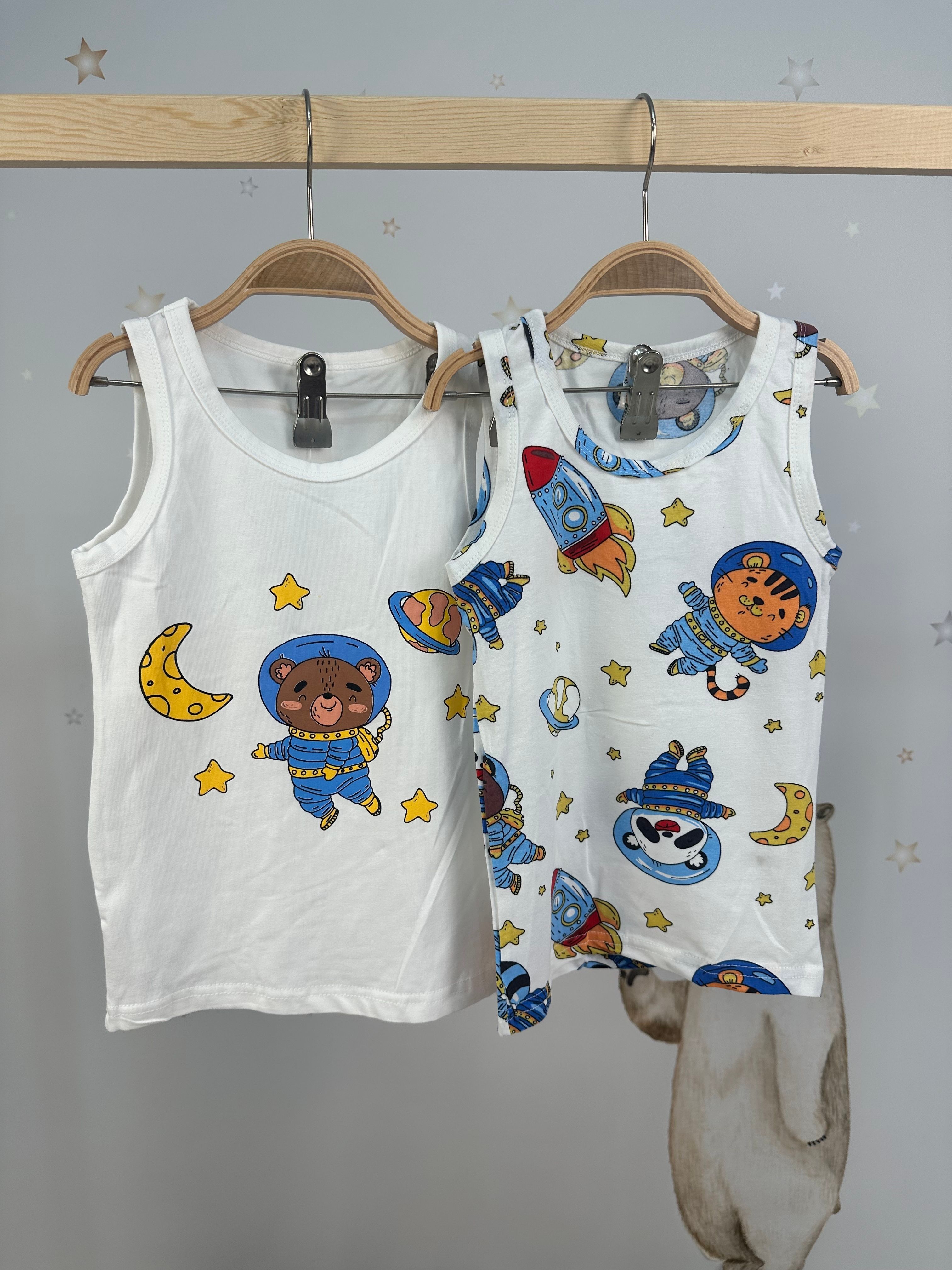 MinyKids Astronot Desen Beyaz 2'li Çocuk Atlet Set