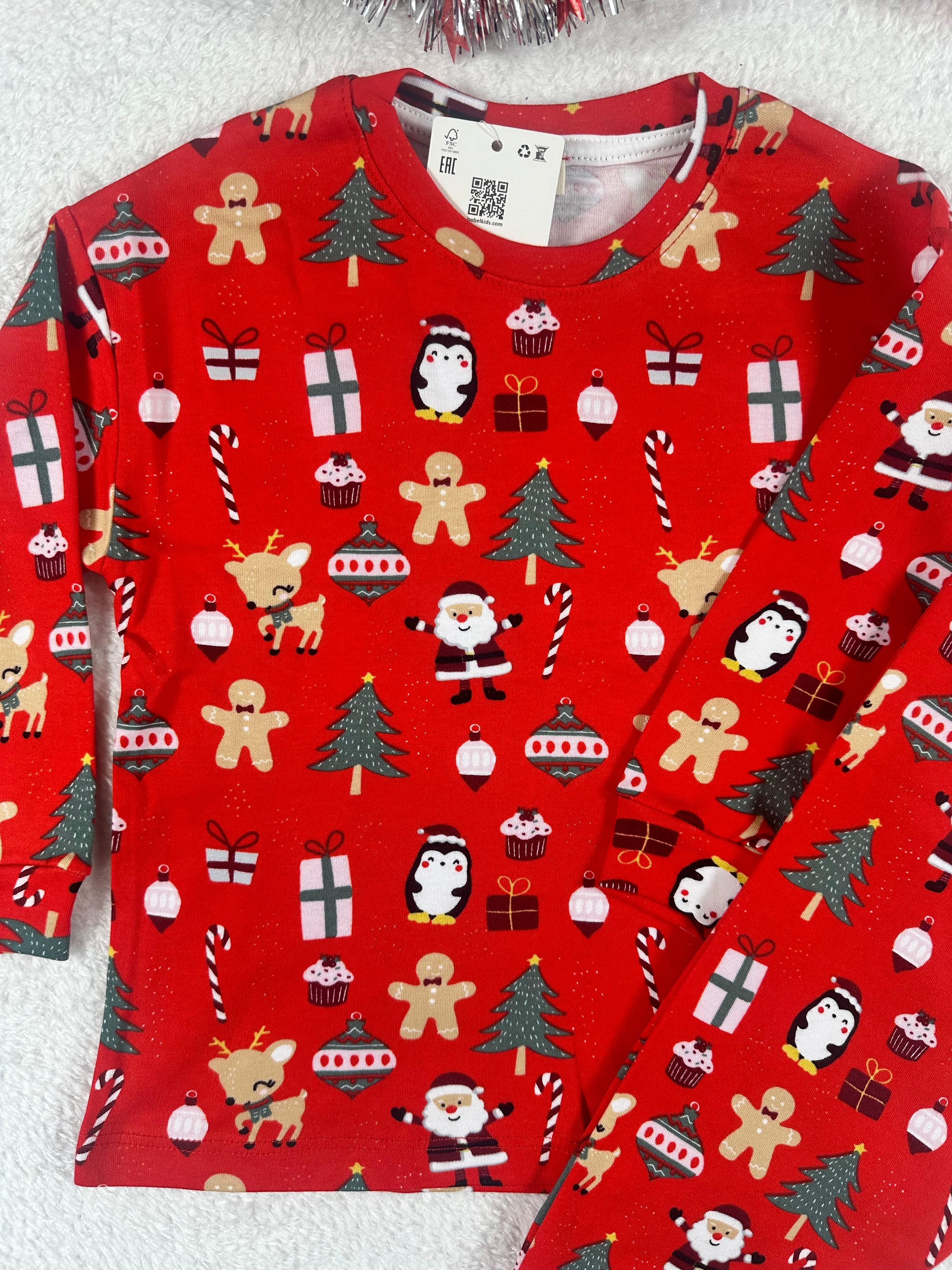 MinyKids Yılbaşı Desen Kırmızı Unisex Pijama Takım