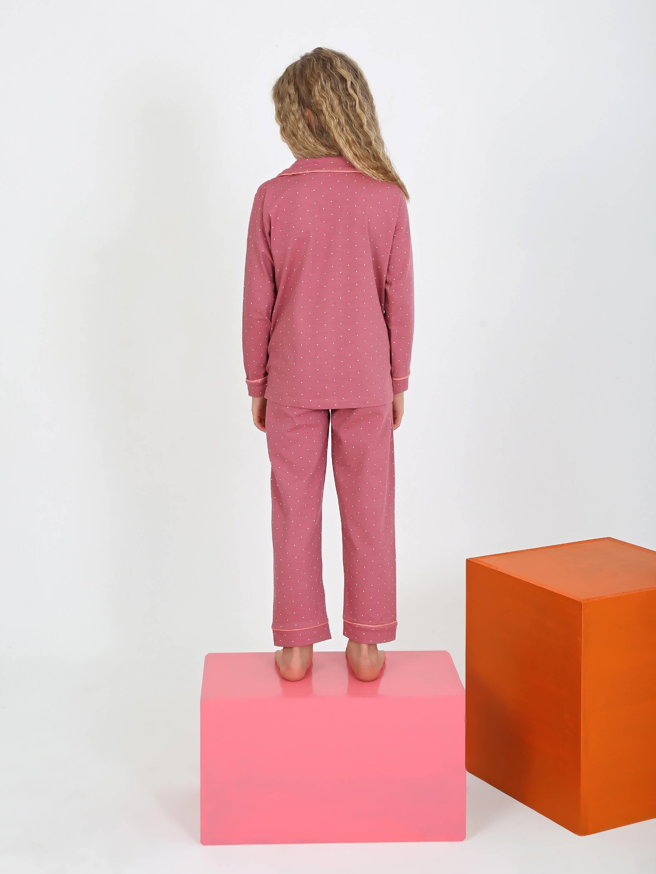 MinyKids Puantiye Desen %100 Pamuk Önden Düğmeli Kız Çocuk Pijama Takım