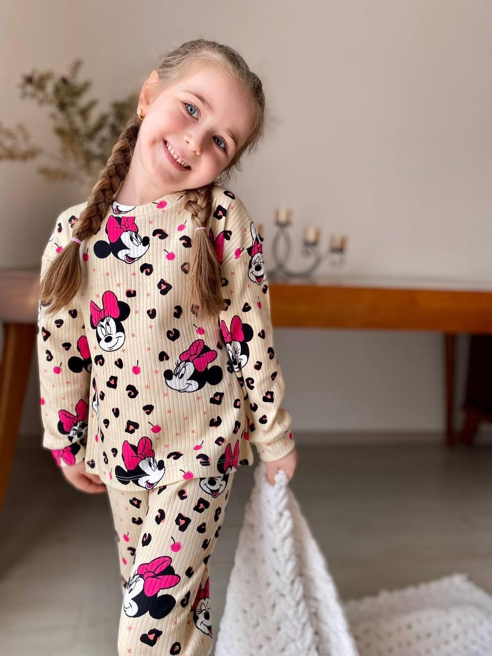 MinyKids Bej Minnie Mouse Desen Fitilli Kız Çocuk Pijama Takım