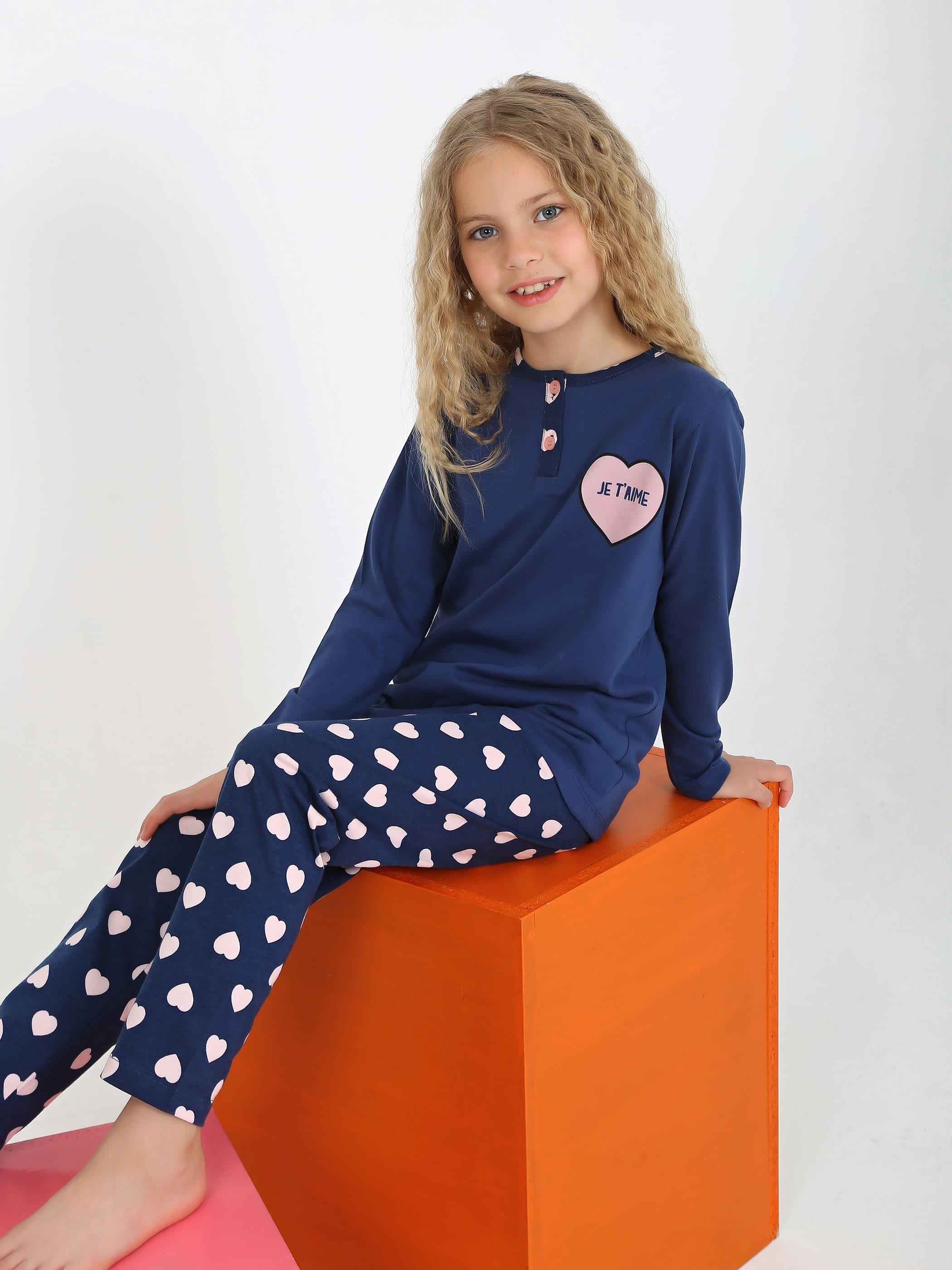 MinyKids Kalp Desen Lacivert Düğme Model Kız Çocuk Pijama Takım