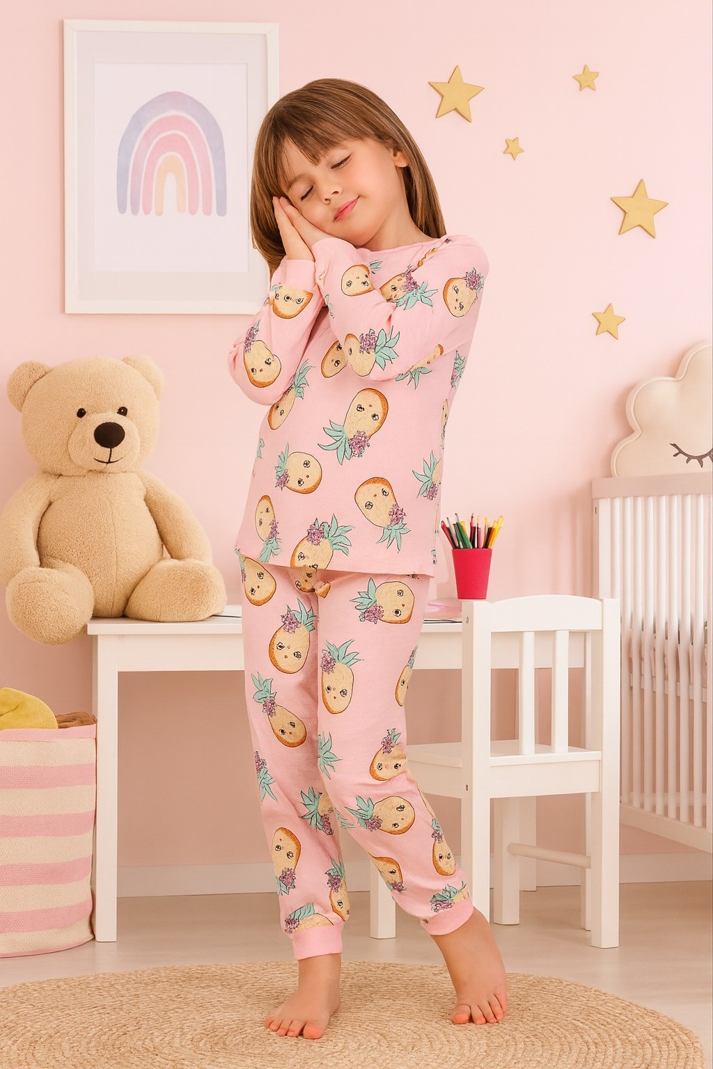 MinyKids Ananas Desen %100 Pamuklu Pembe Kız Çocuk Pijama Takım