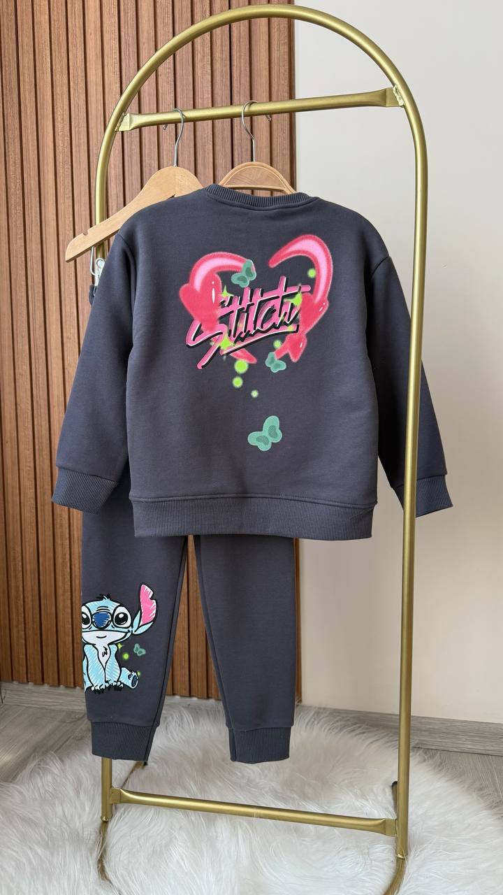 Stitch Desen Füme %100 Pamuk Kız Çocuk Alt Üst Takım