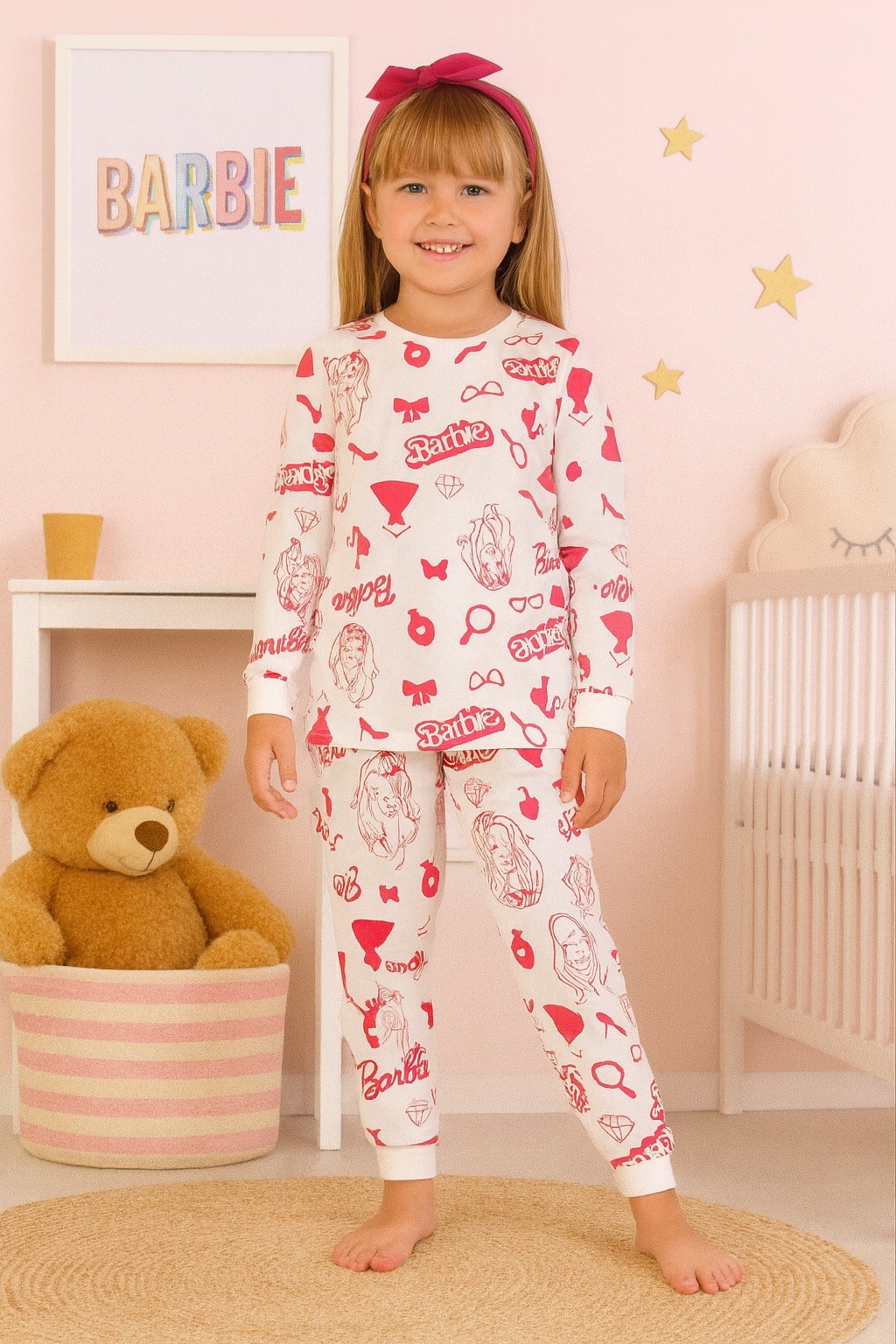 MinyKids Barbie Desen %100 Pamuklu Ekru Kız Çocuk Pijama Takım