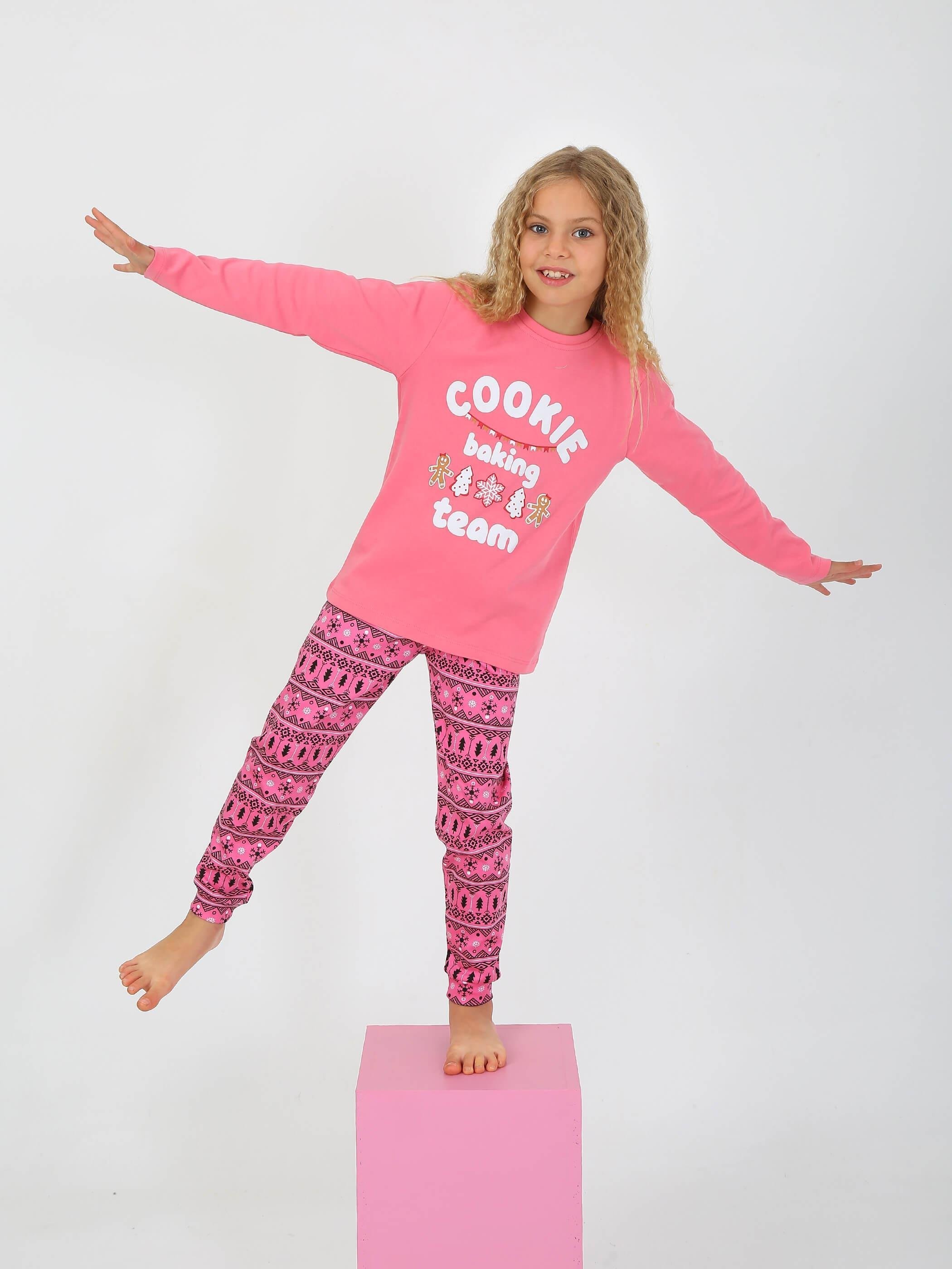 MinyKids Yılbaşı Desen Pembe Kız Çocuk Pijama Takım