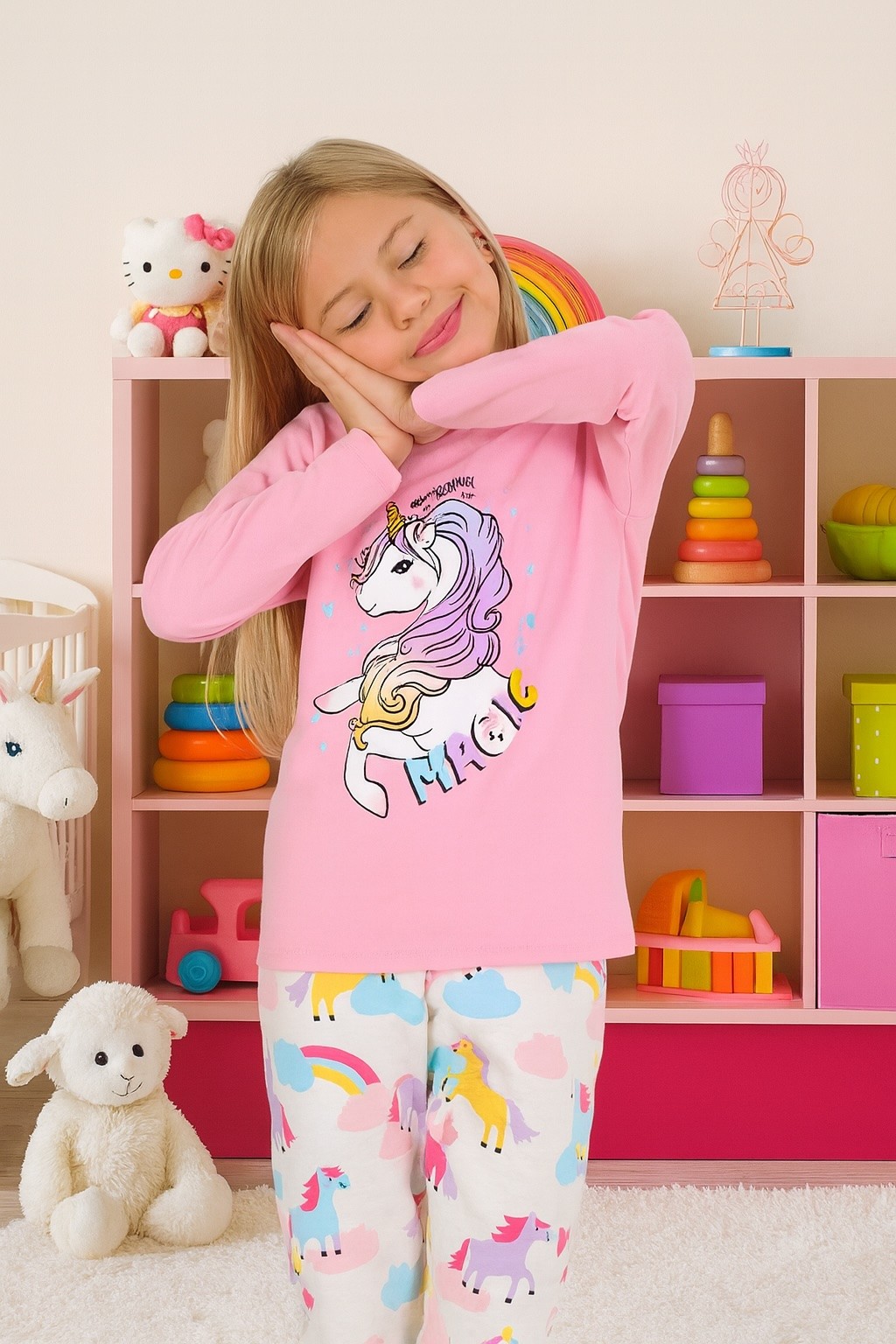 MinyKids Unicorn Desen %100 Pamuk Pembe Kız Çocuk Pijama Takım