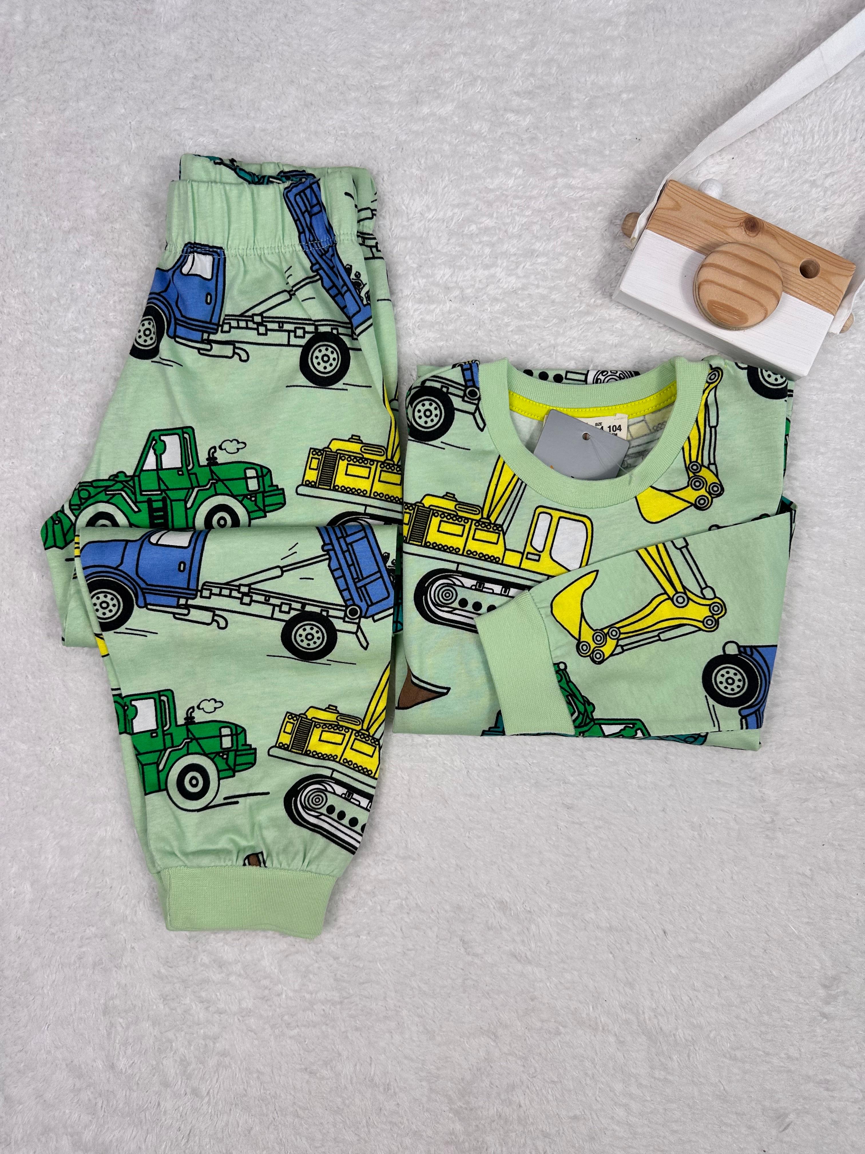 MinyKids İş Makinesi Desen Yeşil Erkek Çocuk Pijama Takım