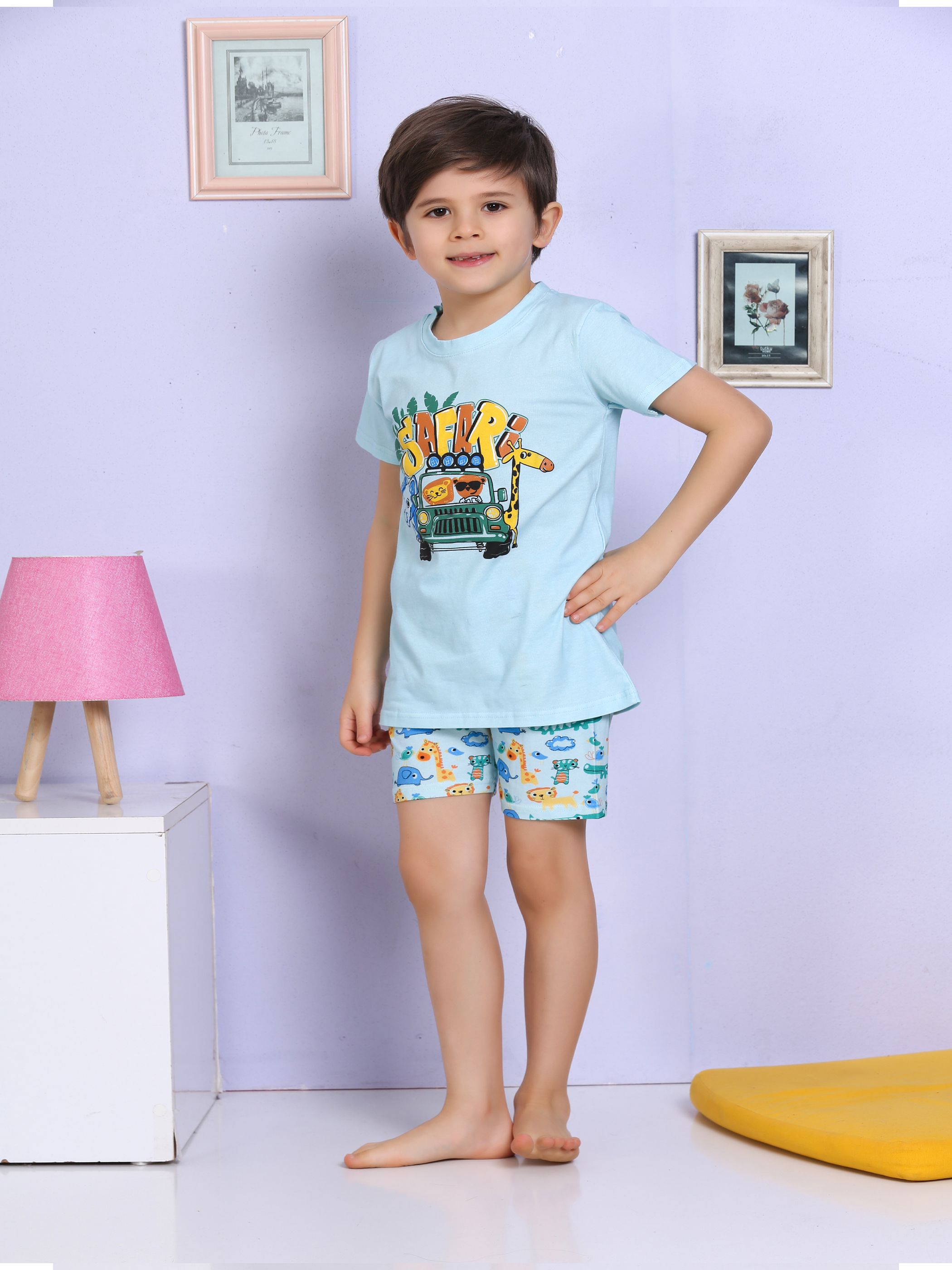 MinyKids Safari Desenli Turkuaz Şortlu Pijama Takımı