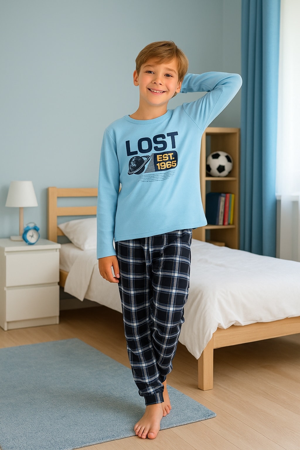 Gezegen Desen Mavi %100 Pamuk Erkek Çocuk Pijama Takım