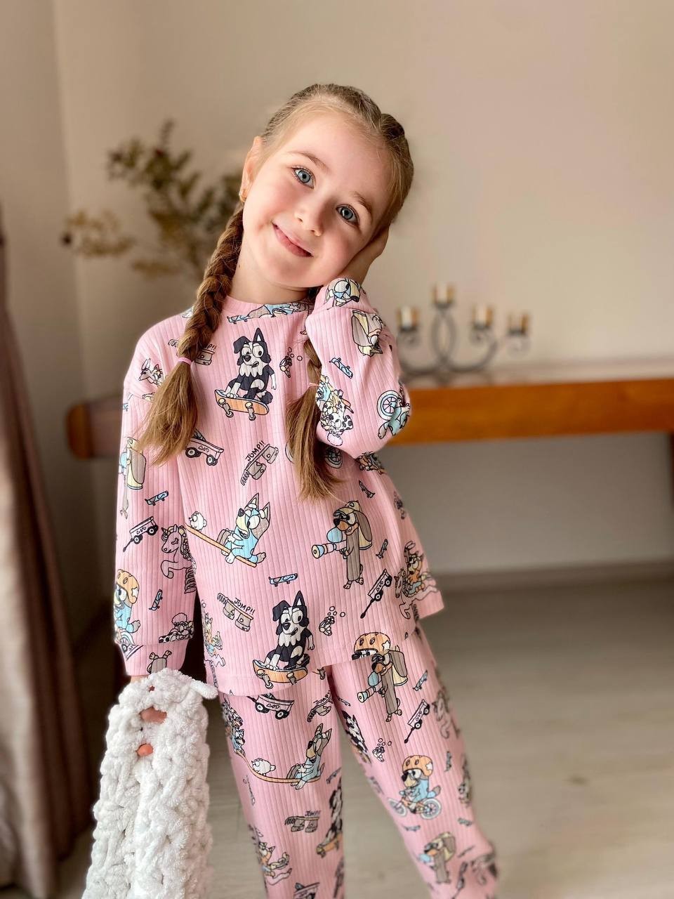 MinyKids Pembe Bluey Desen Fitilli Kız Çocuk Pijama Takım
