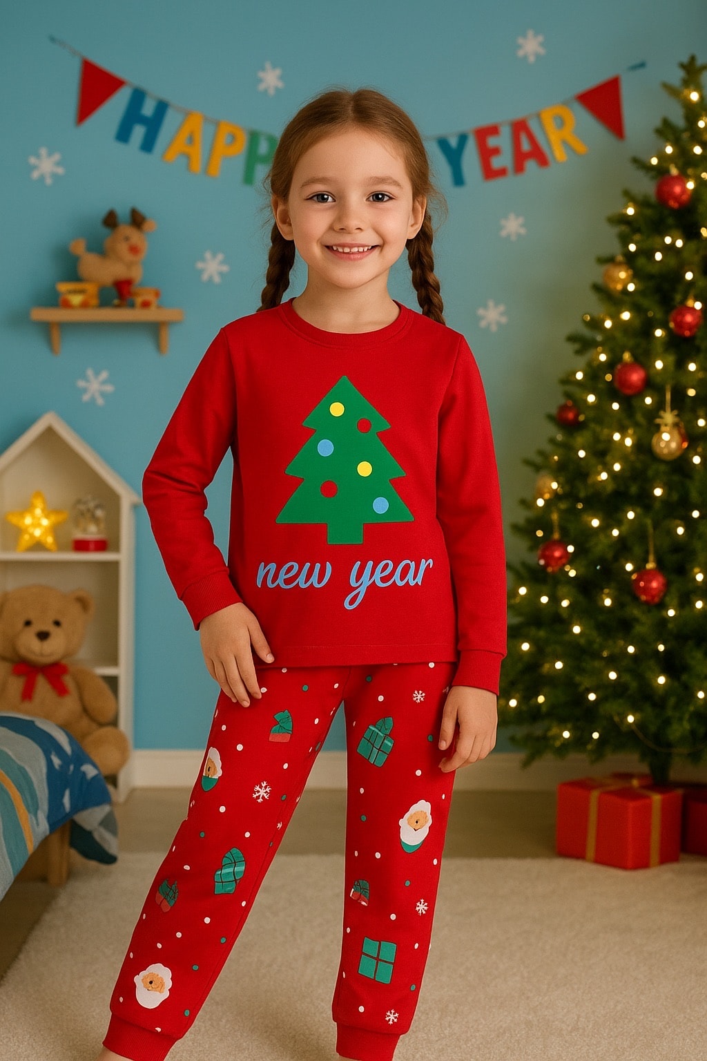 Yılbaşı Desen Kırmızı Kız Çocuk Pijama Takım