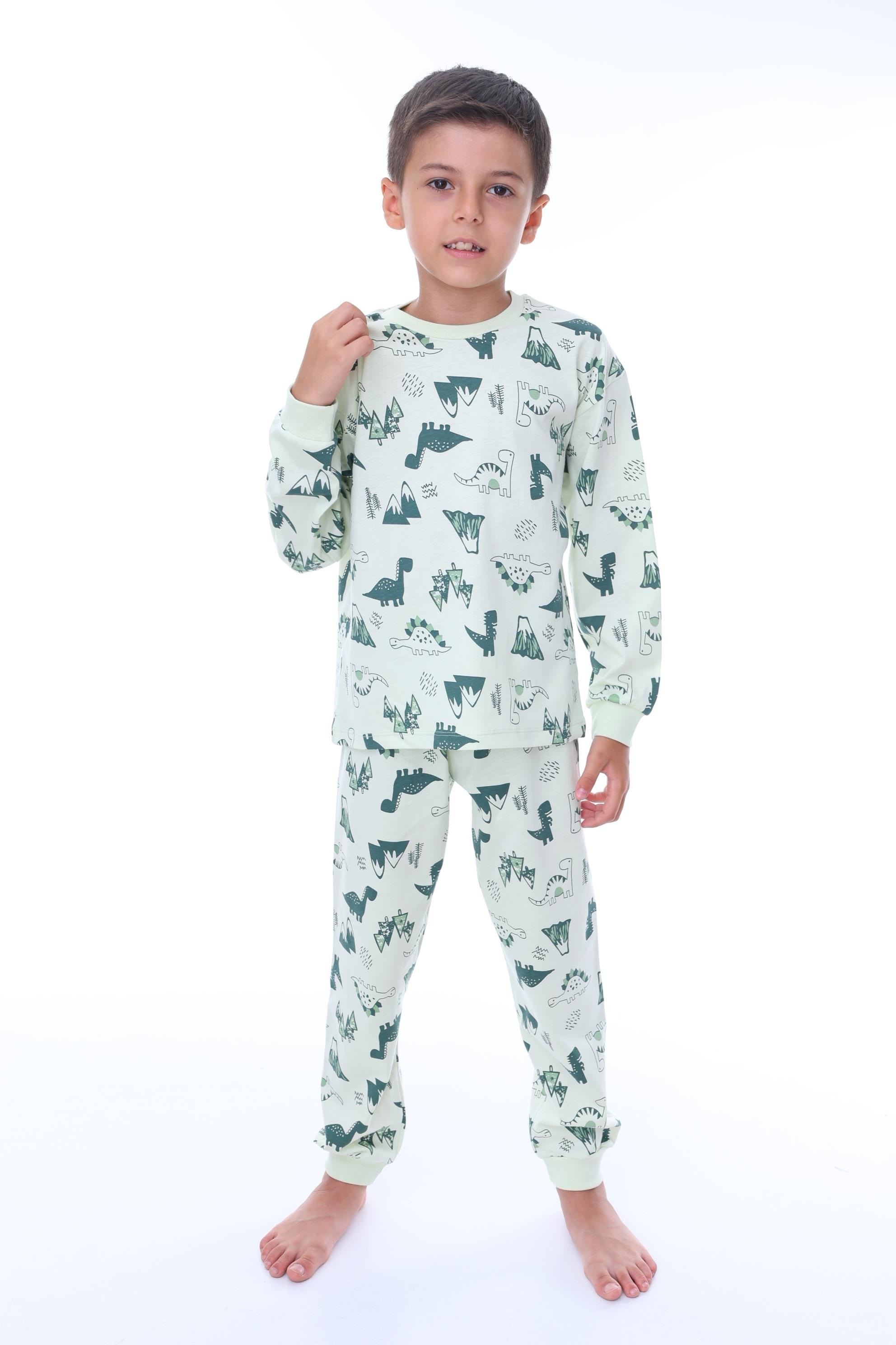 MinyKids Dinozor Desenli Yeşil Çocuk Pijama Takımı