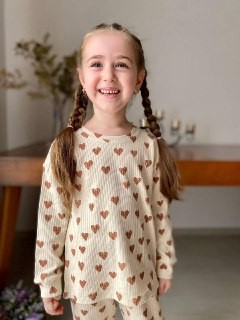 MinyKids Bej Kalp Desen Fitilli Kız Çocuk Pijama Takım