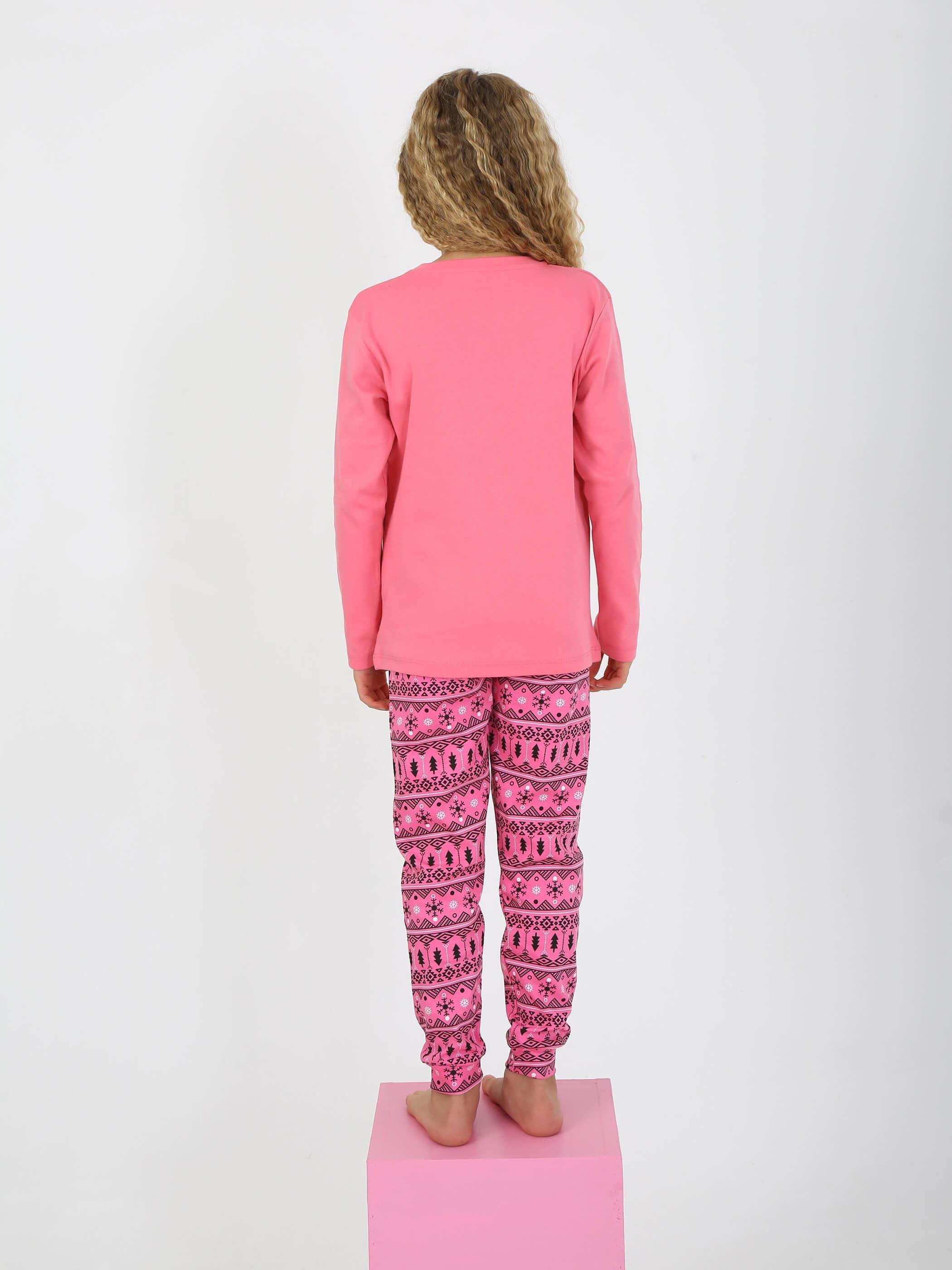 MinyKids Yılbaşı Desen Pembe Kız Çocuk Pijama Takım