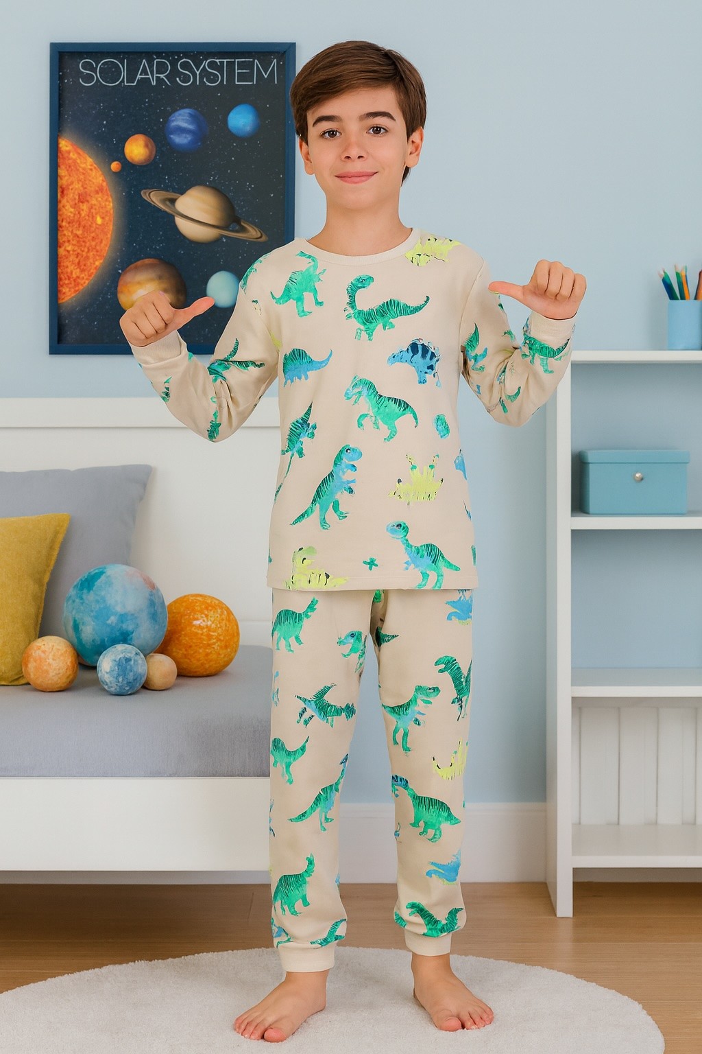 MinyKids Dinozor Desen %100 Pamuk Krem Erkek Çocuk Pijama Takım