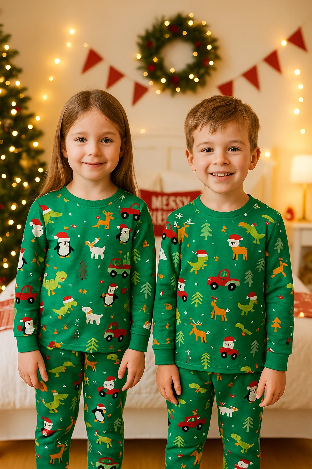 Yılbaşı Desen Yeşil Unisex Çocuk Pijama Takım