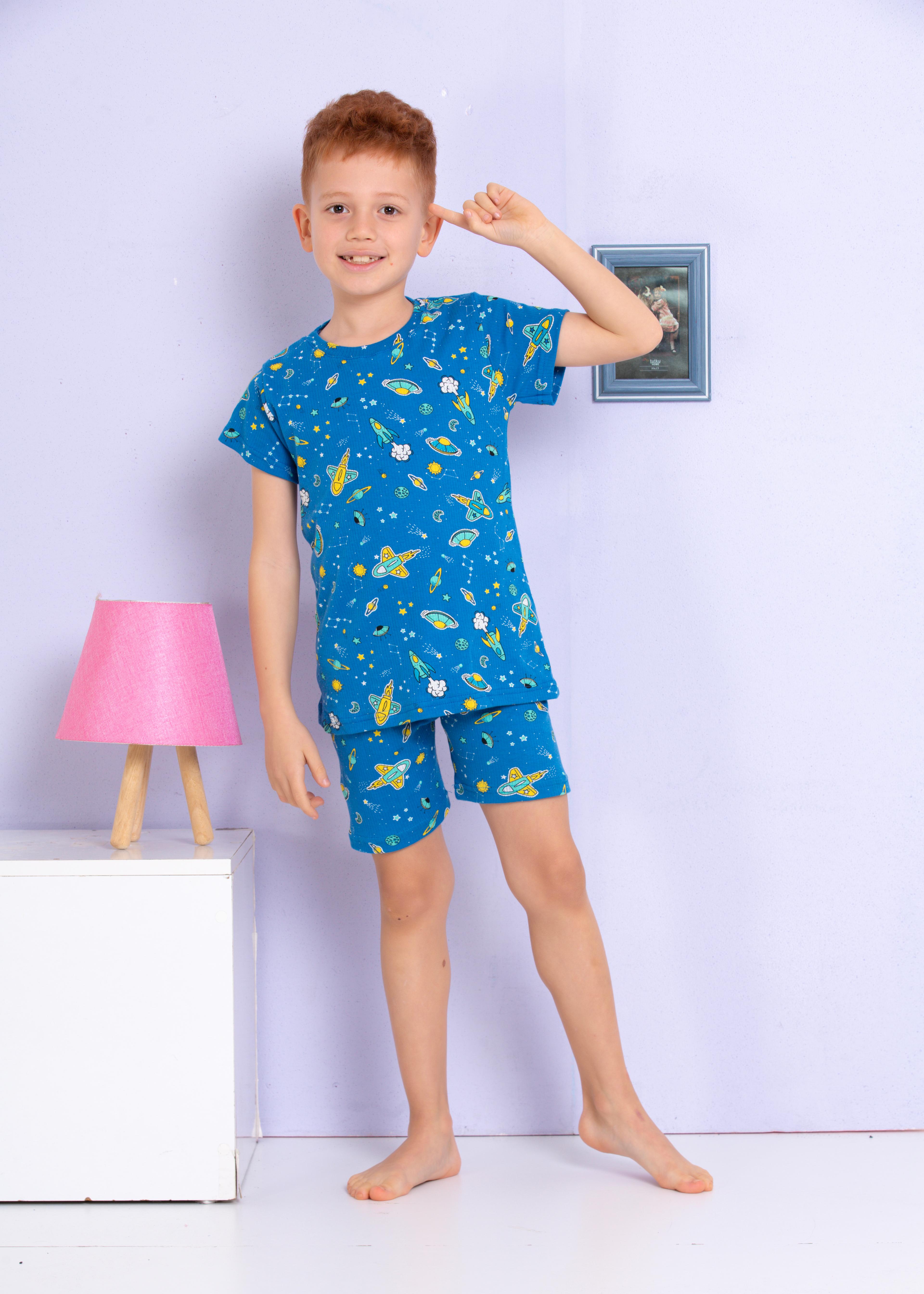 MinyKids Uzay Desenli Fitilli Kumaş Mavi Şortlu Pijama Takımı