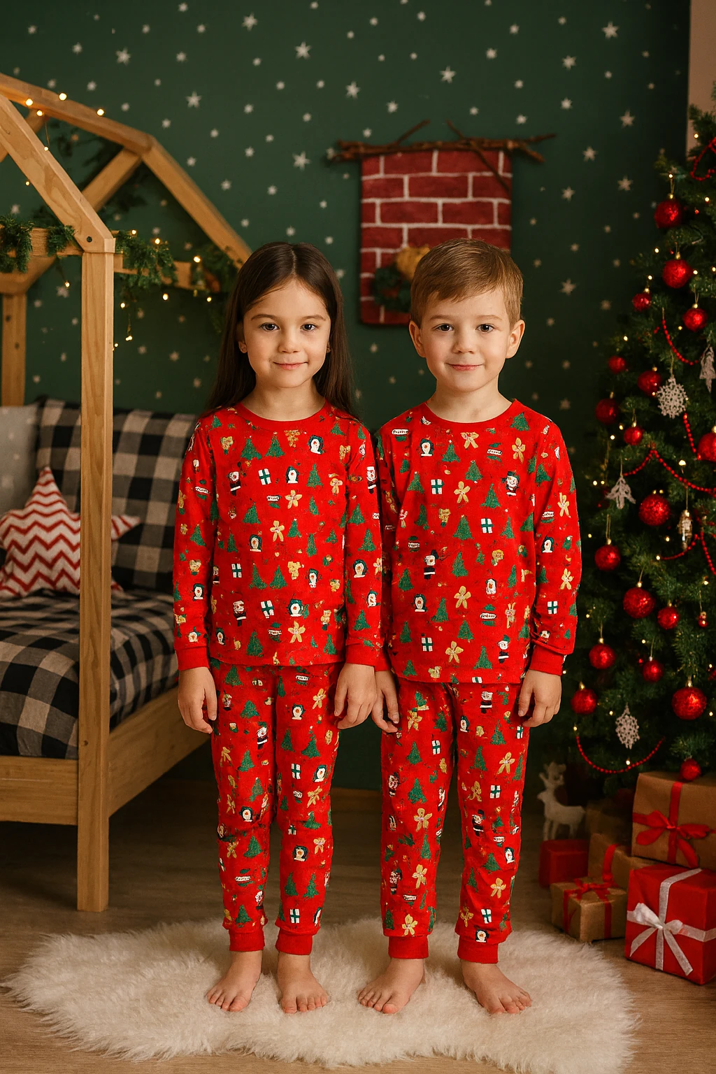 Yılbaşı Desen Kırmızı Unisex Çocuk Pijama Takım