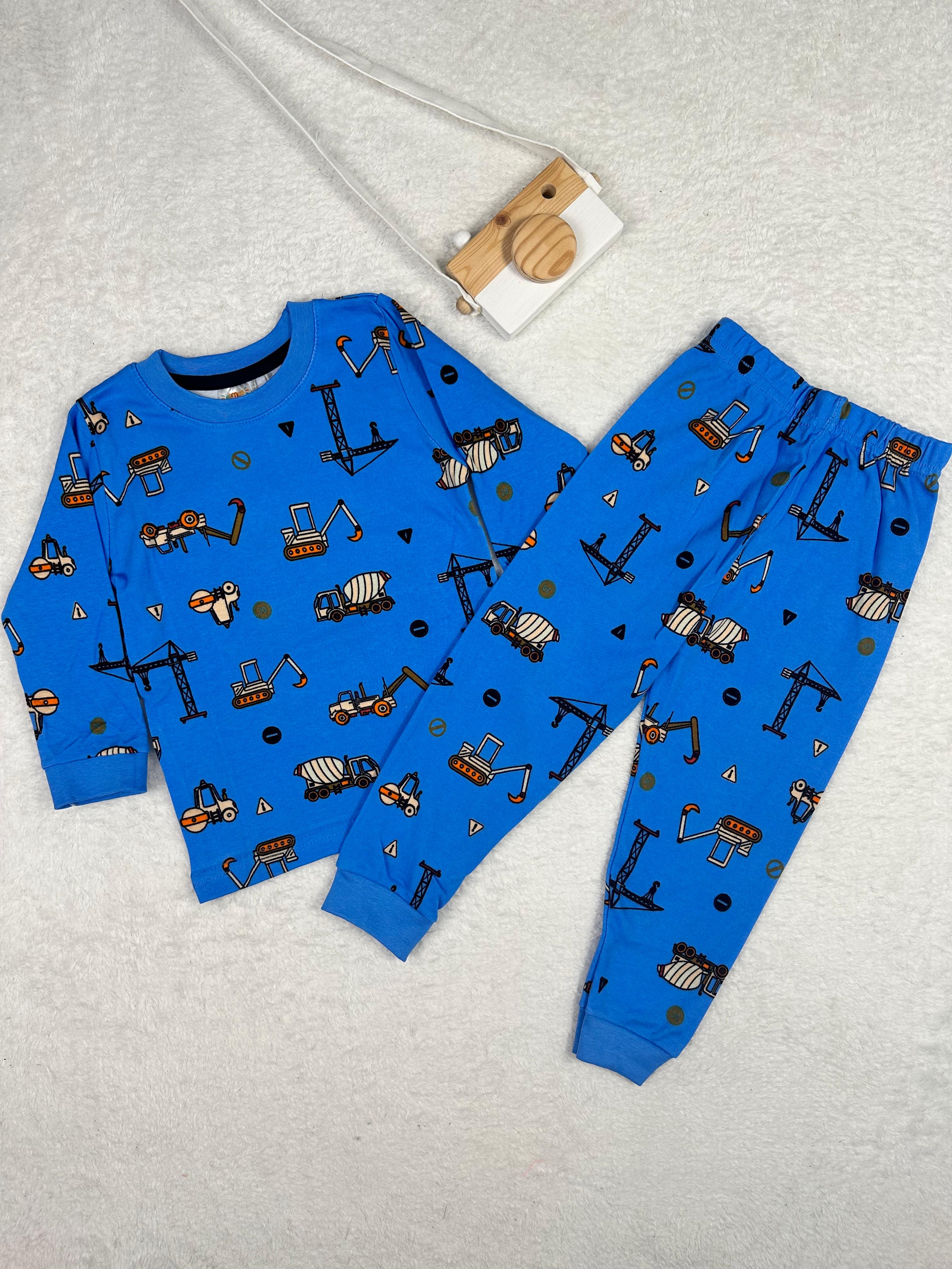 MinyKids İş Makinası Desen Mavi Erkek Çocuk Pijama Takım