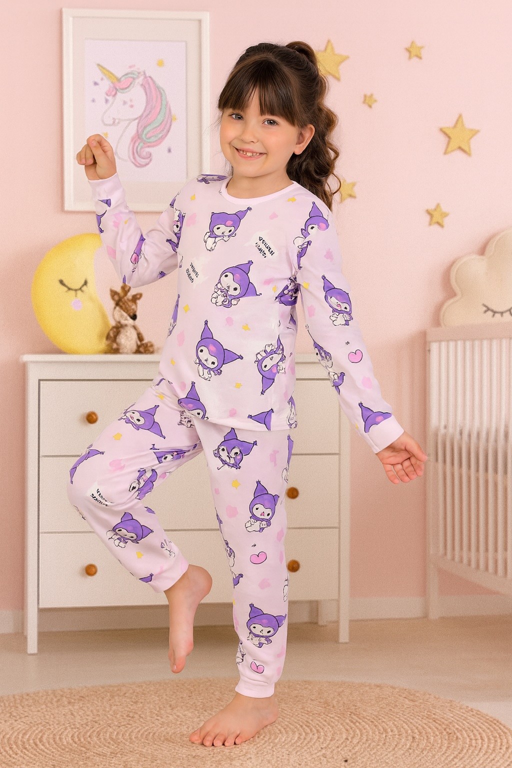 MinyKids Stitch Desen %100 Pamuklu Açık Lila Pembe Kız Çocuk Pijama Takım