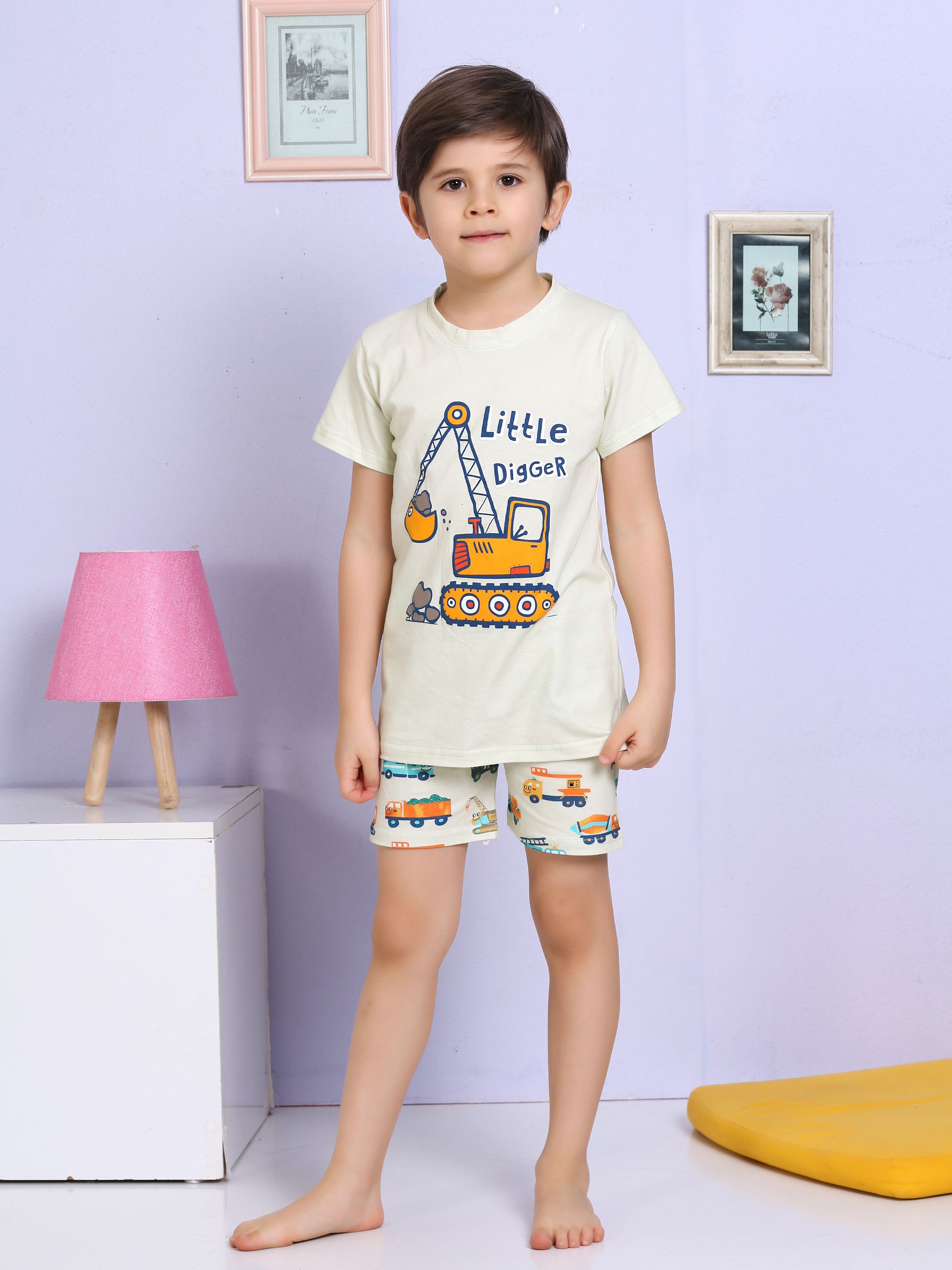 MinyKids Araba Desenli Şortlu Ekru Pijama Takımı