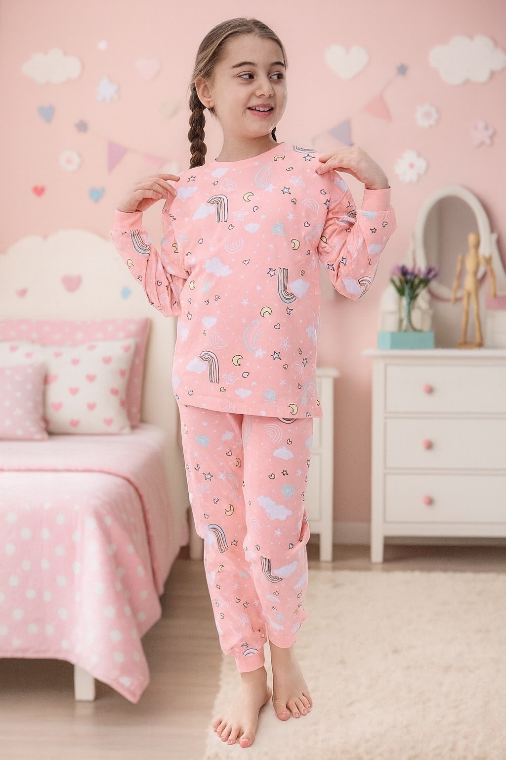 Bulut Desen %100 Pamuk Pembe Kız Çocuk Pijama Takım