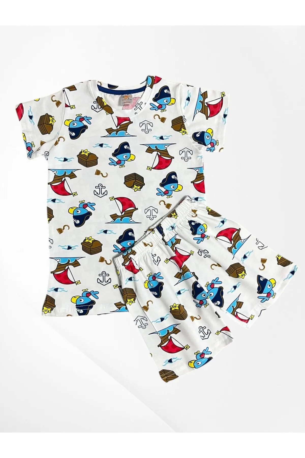 MinyKids Yelken Desen Beyaz Şortlu %100 Pamuklu Erkek Çocuk Pijama Takım
