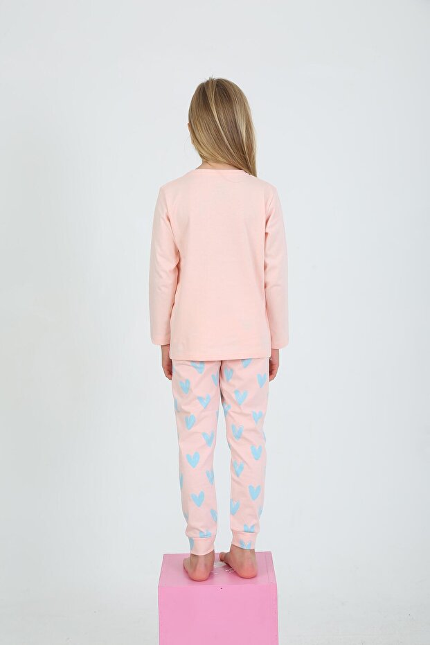 Kalp Desen %100 Pamuk Pudra Pembe Kız Çocuk Pijama Takım