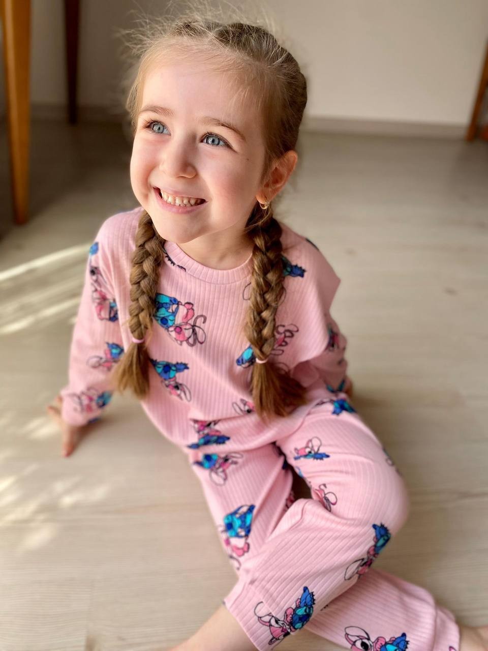 MinyKids Pembe Stitch Desen Fitilli Kız Çocuk Pijama Takım