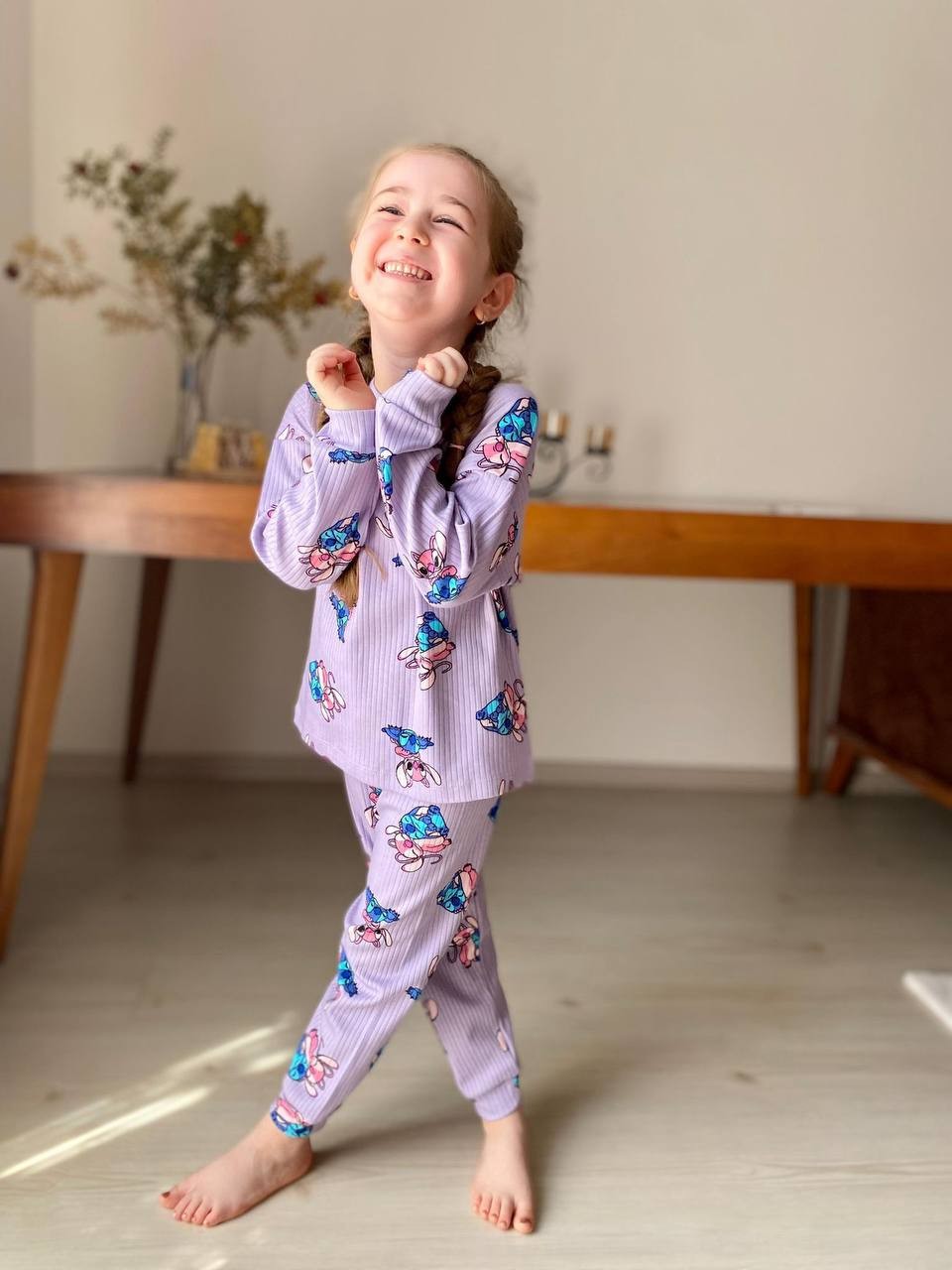 MinyKids Lila Stitch Desen Fitilli Kız Çocuk Pijama Takım