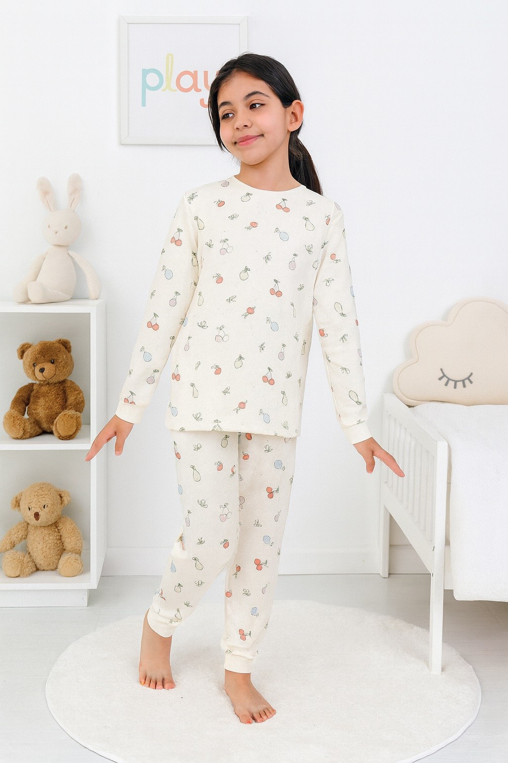 MinyKids Meyve Desen %100 Pamuklu Ekru Kız Çocuk Pijama Takım