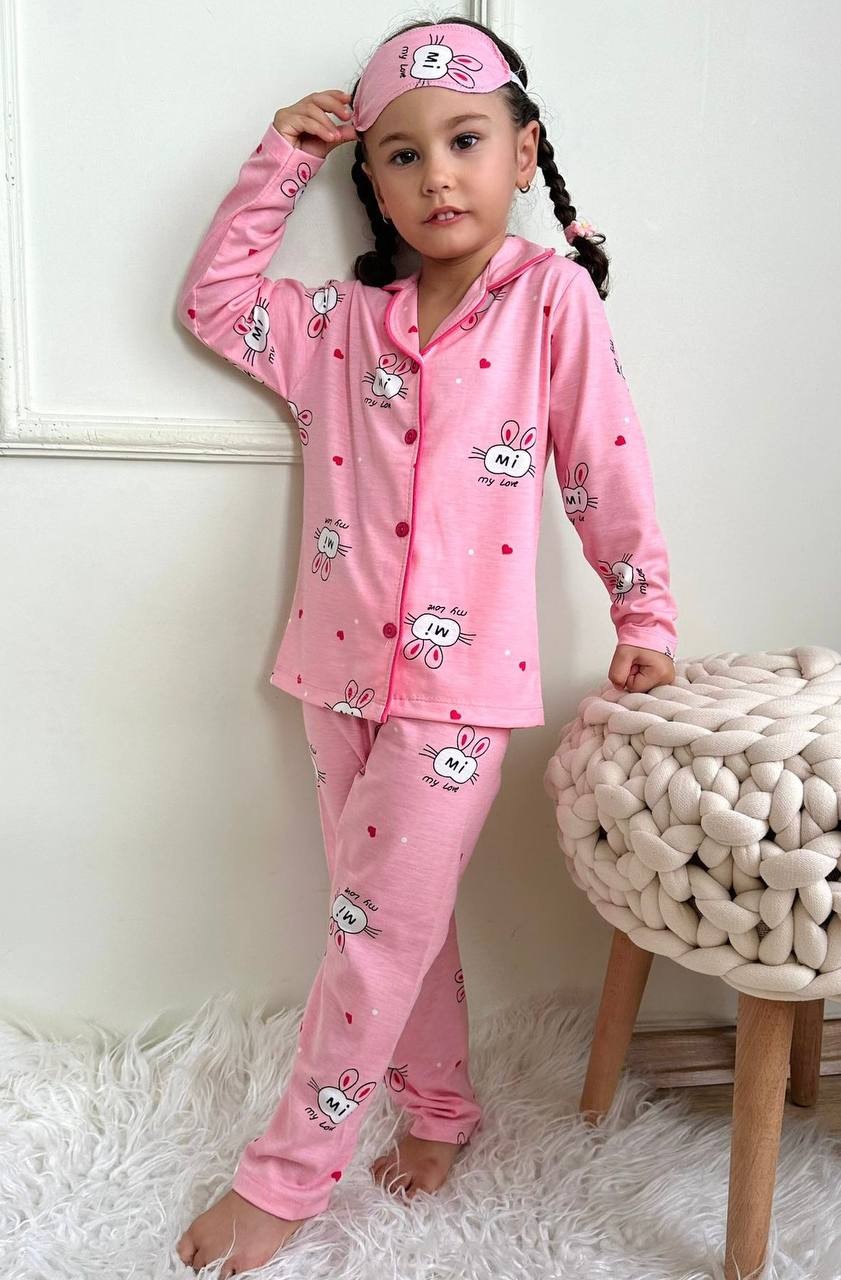 MinyKids Tavşan Desen Pembe Kız Çocuk Pijama Takım