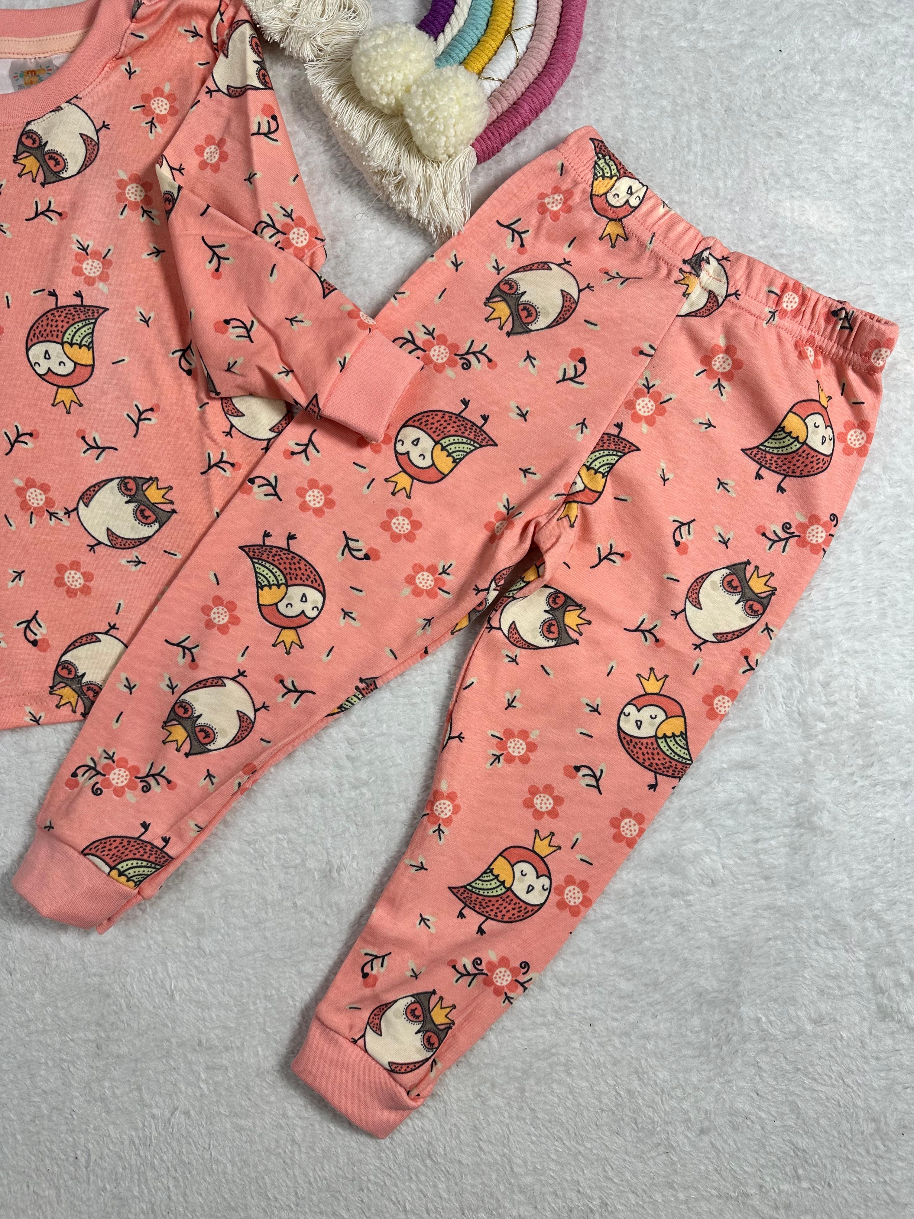 MinyKids Baykuş Desen Somon Renk Kız Çocuk Pijama Takım