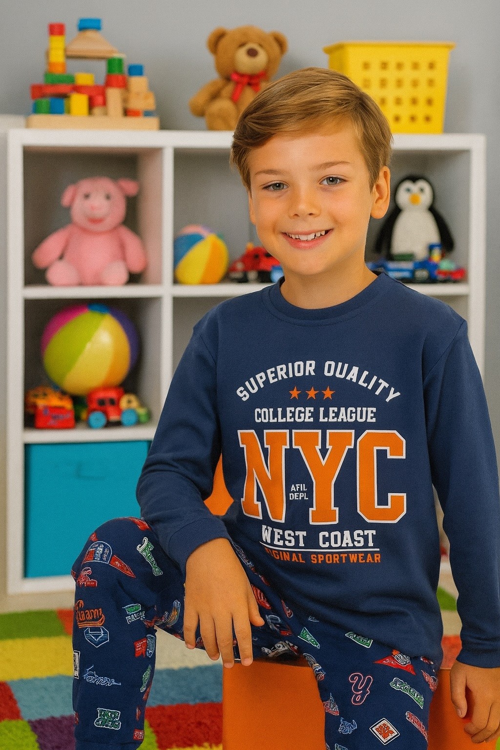 MinyKids West Coast Lacivert %100 Pamuk Erkek Çocuk Pijama Takım