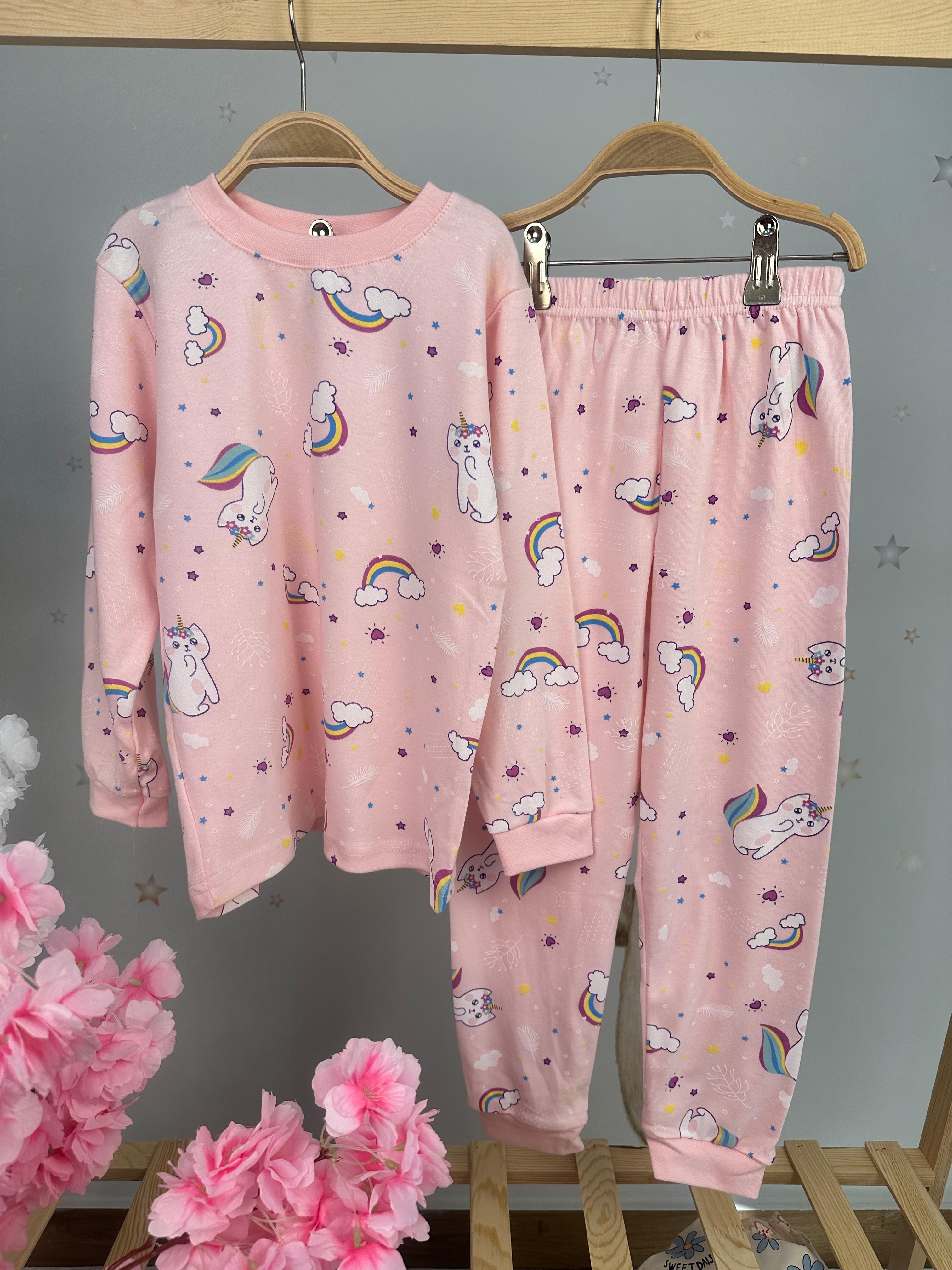 MinyKids Unicorn Kedicik Açık Pembe Kız Çocuk Pijama Takım