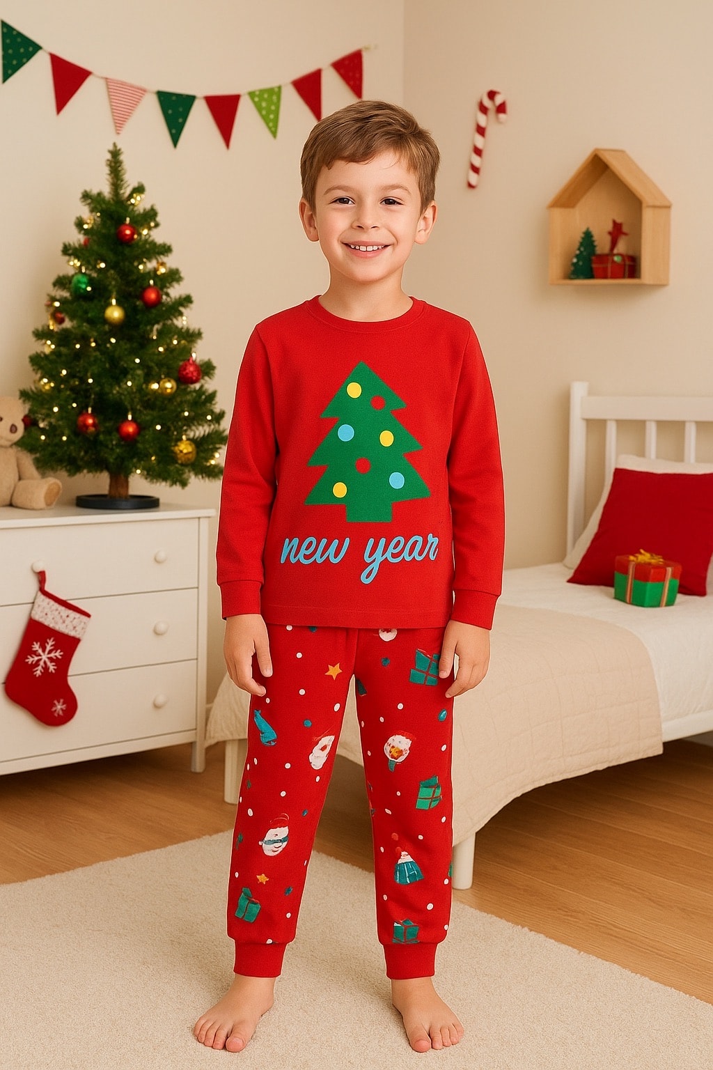 Yılbaşı Desen Kırmızı Erkek Çocuk Pijama Takım