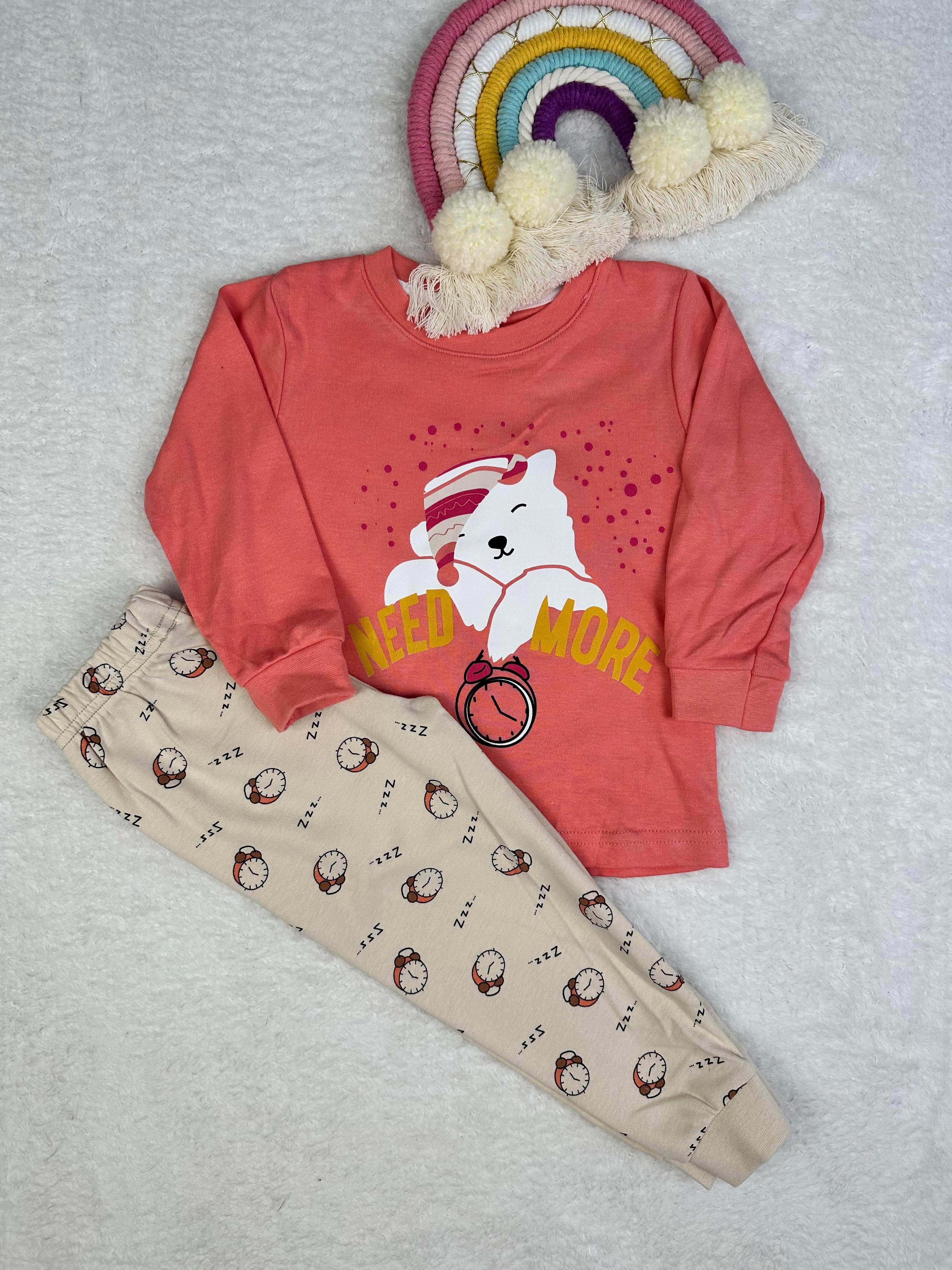 MinyKids Sevimli Ayı Desen Kiremit Renk Kız Çocuk Pijama Takım