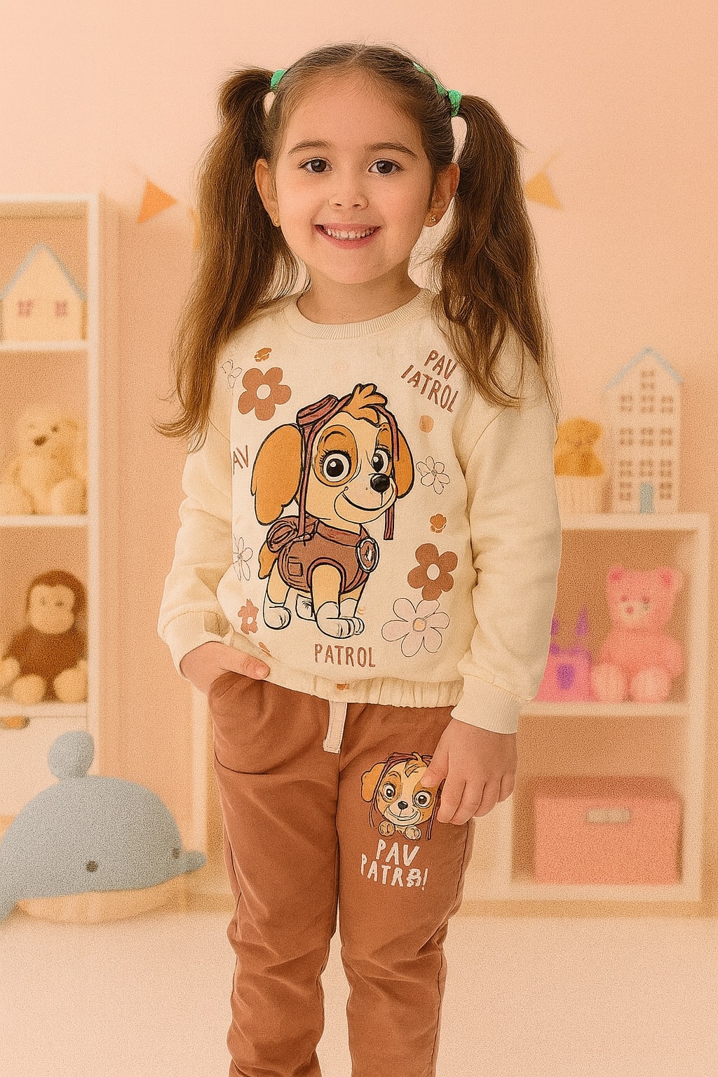 Paw Patrol Desen Kahverengi 2İplik Şardonlu Kız Çocuk Alt Üst Takım
