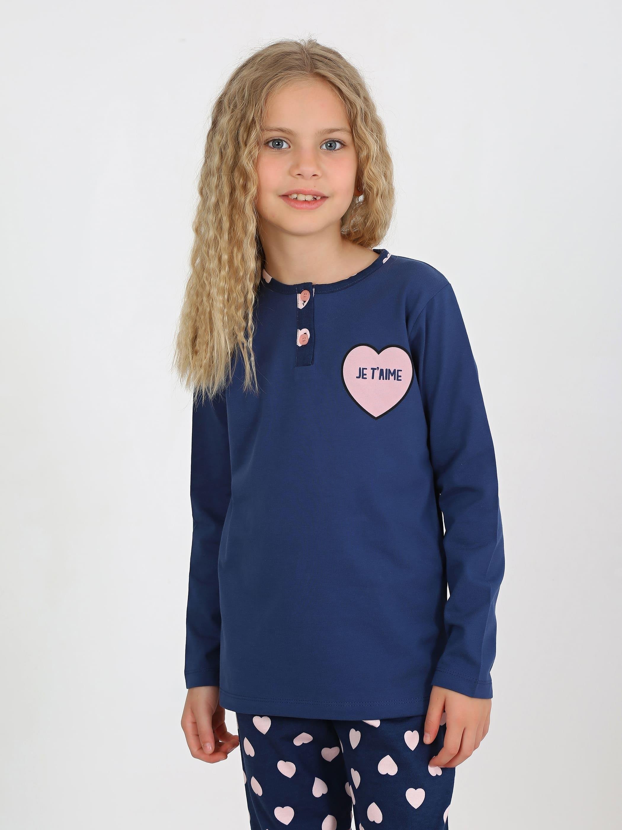 MinyKids Kalp Desen Lacivert Düğme Model Kız Çocuk Pijama Takım