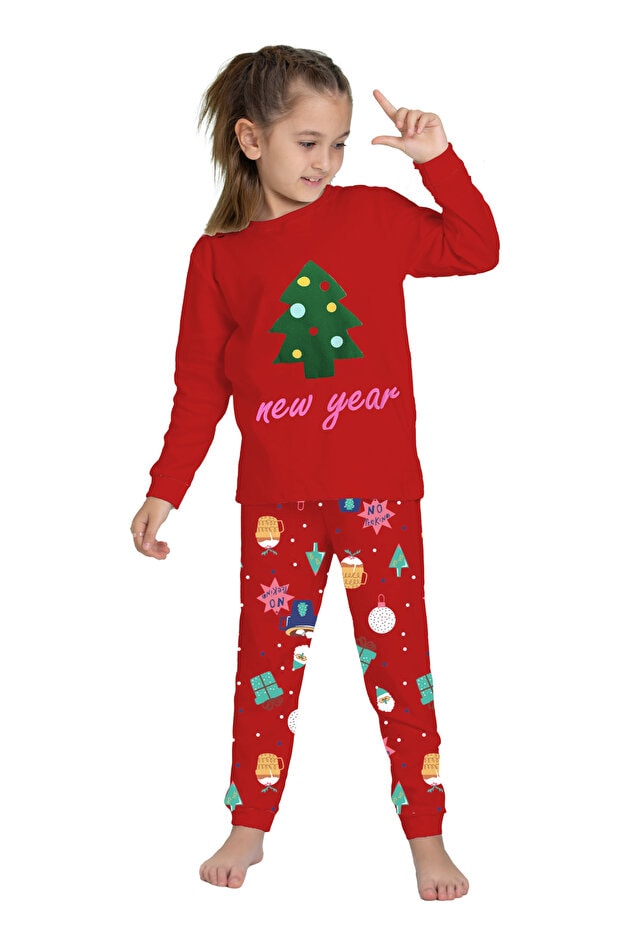 Yılbaşı Desen Kırmızı Kız Çocuk Pijama Takım