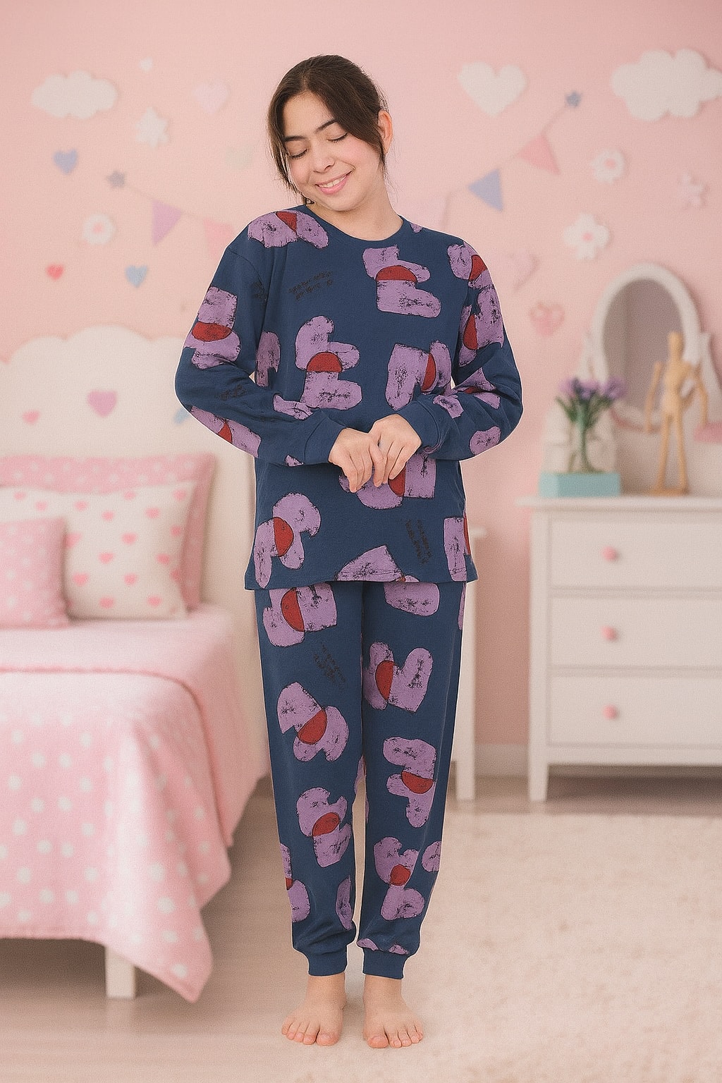 Kalp Desen %100 Pamuk Lacivert Kız Çocuk Pijama Takım