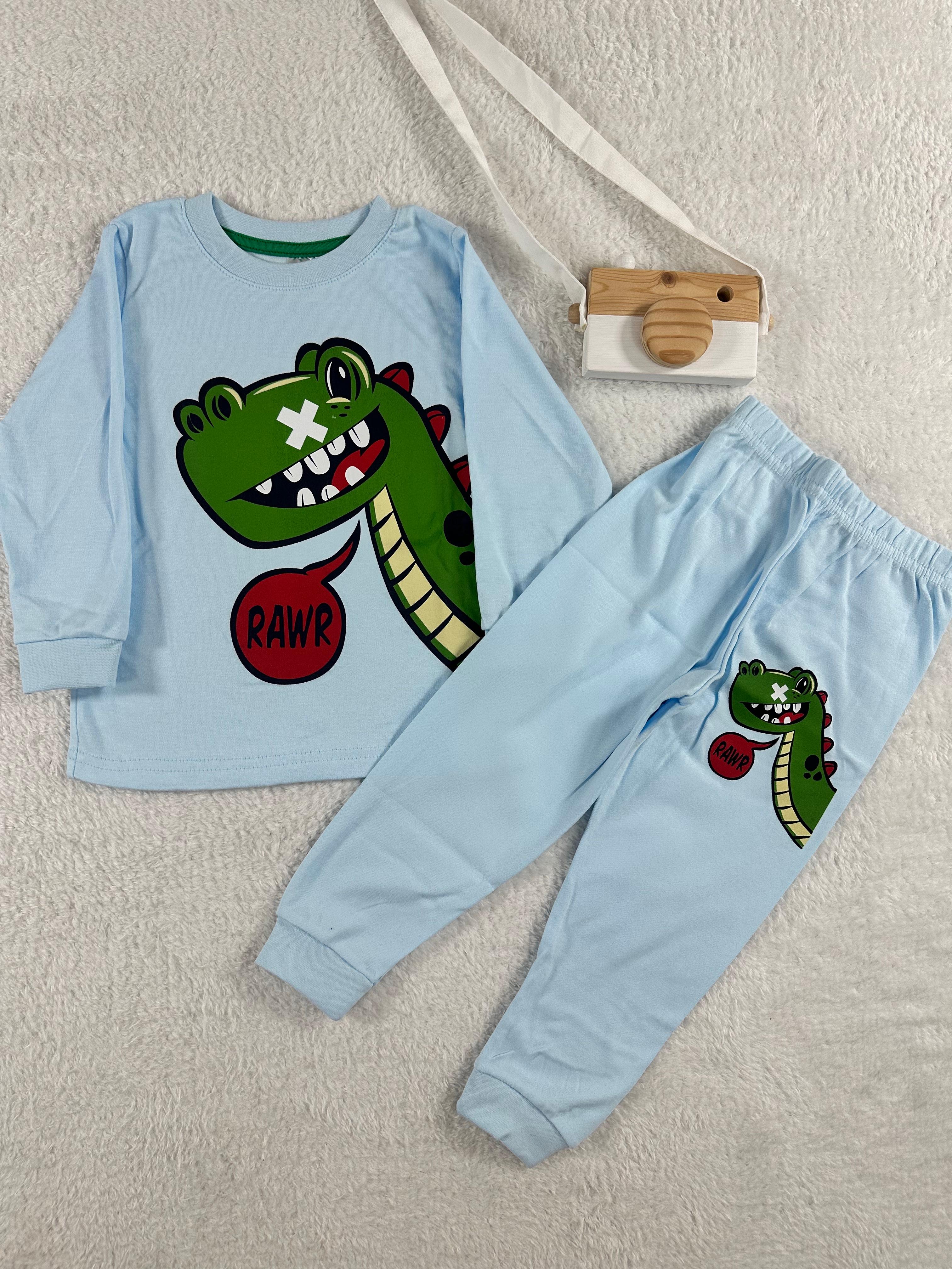 MinyKids Dinozor Desen Mavi Erkek Çocuk Pijama Takım