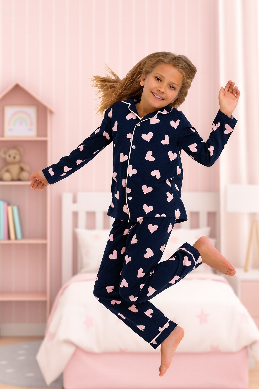 MinyKids Kalp Desen %100 Pamuk Önden Düğmeli Lacivert Kız Çocuk Pijama Takım